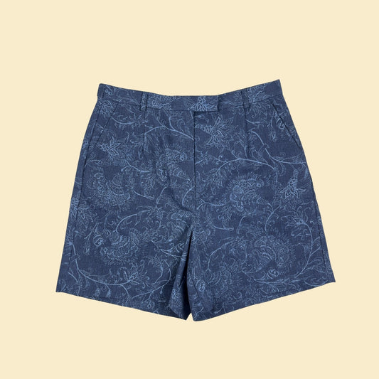 1990s high waisted blue shorts, size 12 vintage 90s women's blue floral shorts by Talbots