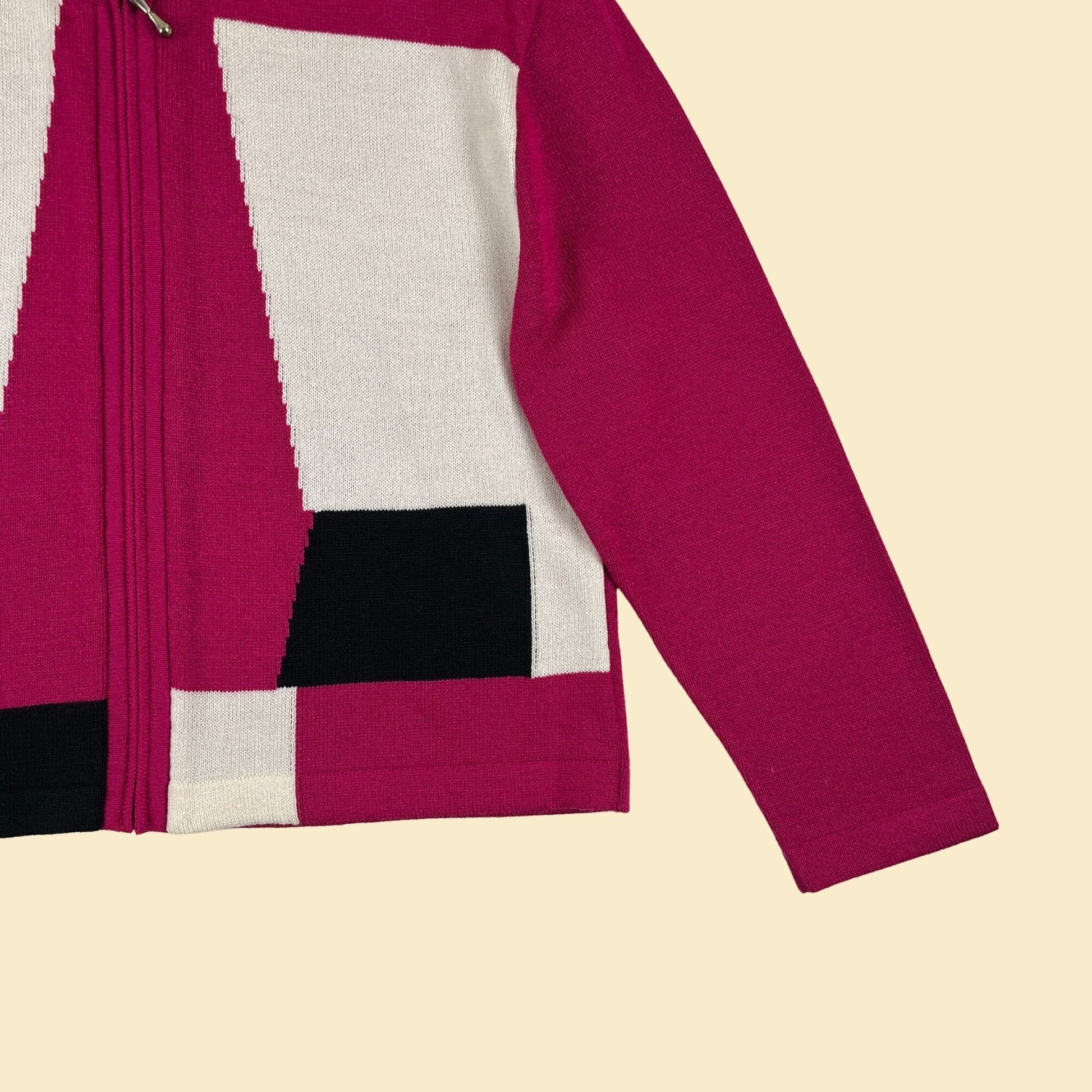 1980s color block zip up jacket by San Remo by Laura Knits, vintage 80s pink/white/black knit women's jacket