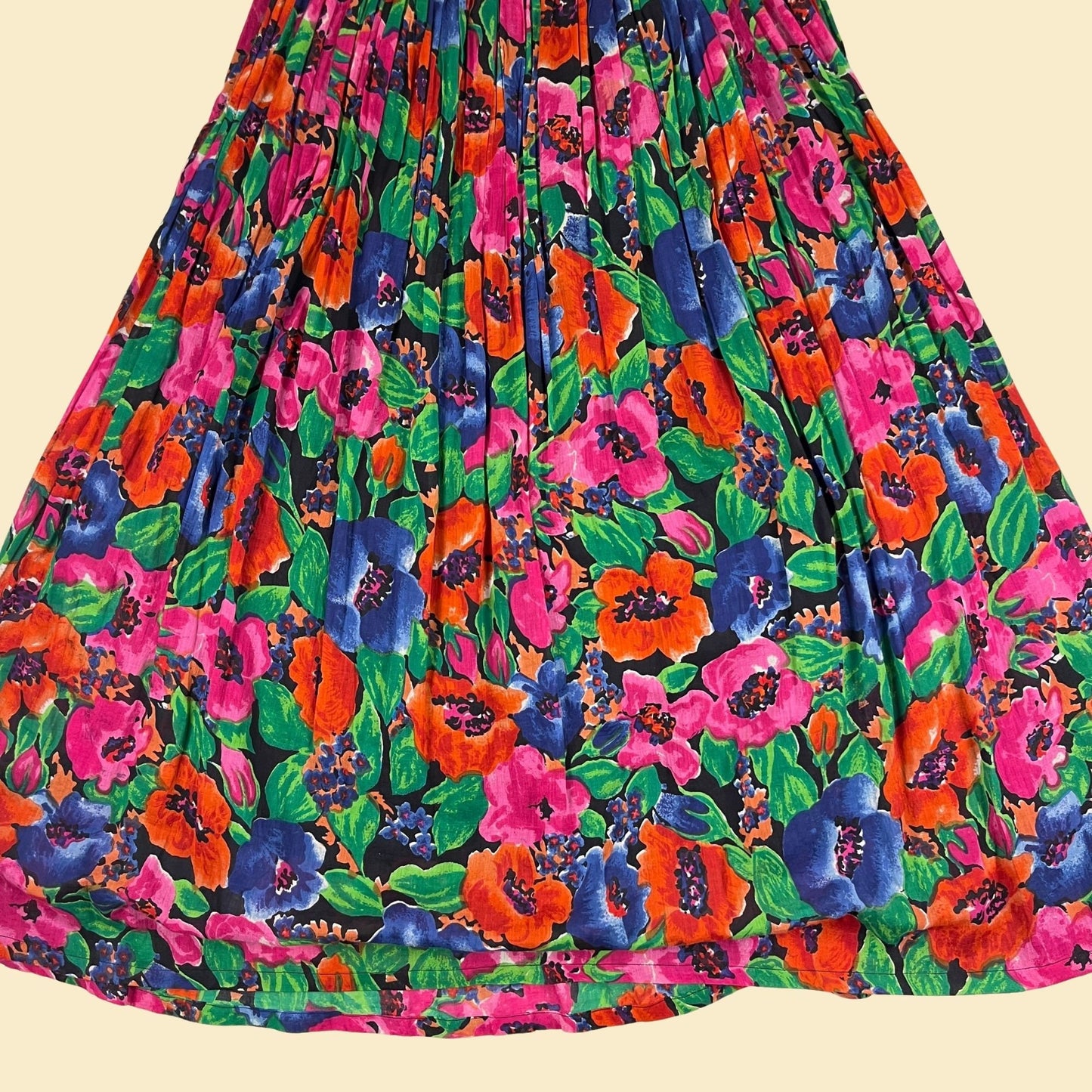 1970s floral cotton maxi skirt by Blue Cabana, size S vintage 70s pink & green cotton gauze pleated skirt