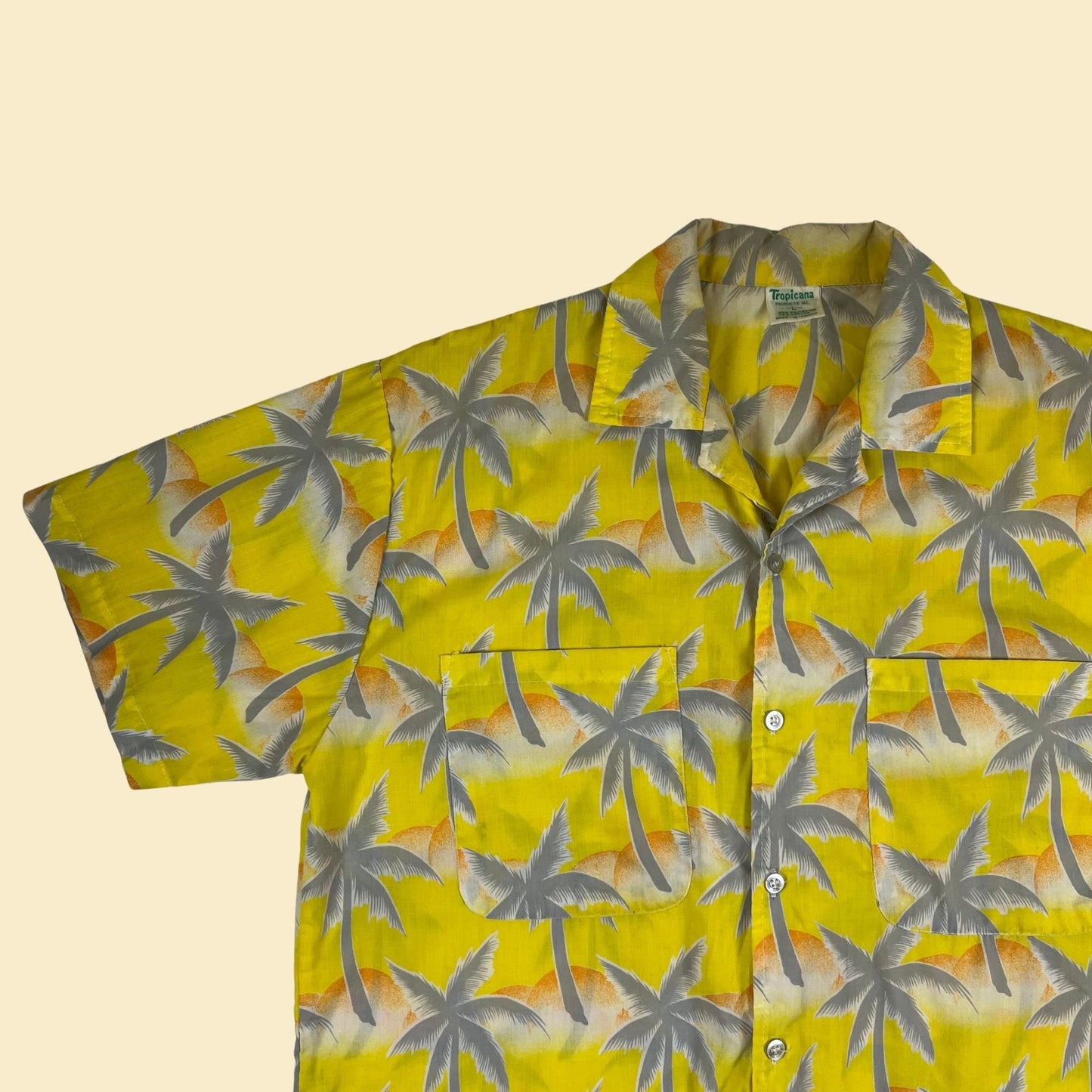 1980s Tropicana men's L shirt, vintage 80s yellow palm tree patterned men's button down short sleeve top