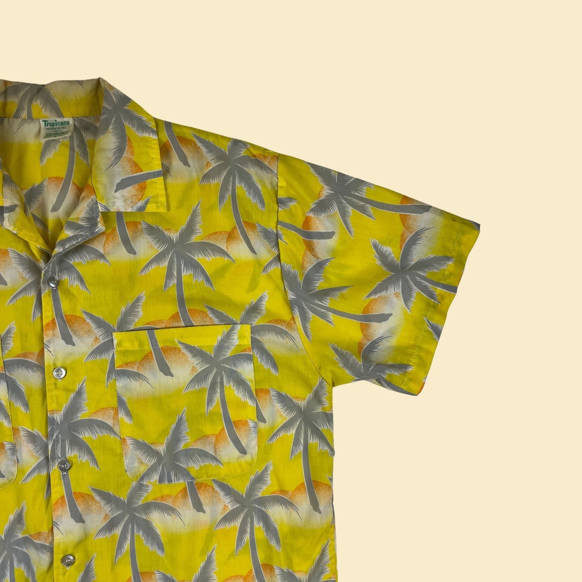 1980s Tropicana men's L shirt, vintage 80s yellow palm tree patterned men's button down short sleeve top