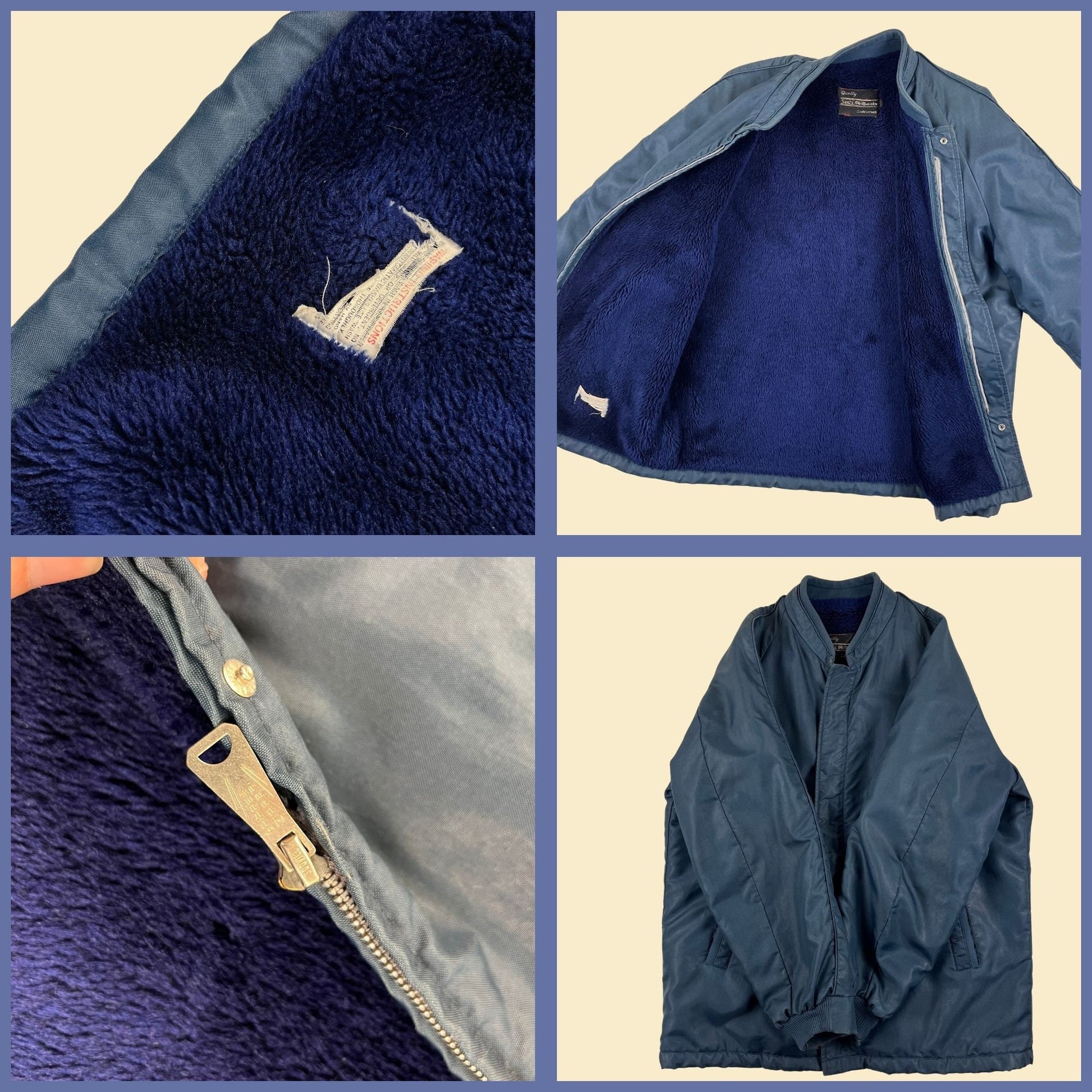 1970s blue faux-fur lined Sears The Men's Store jacket, vintage M to L men's zip up coat