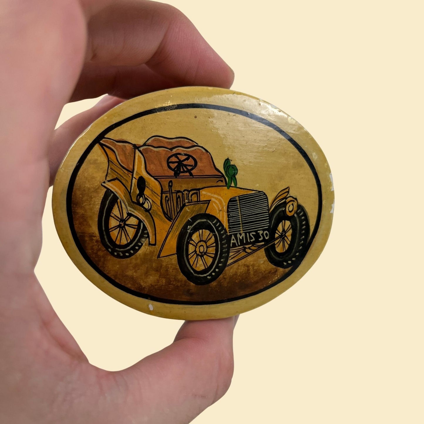 1970s oval shaped lacquer box w/ car design, 70s paper mache oval box