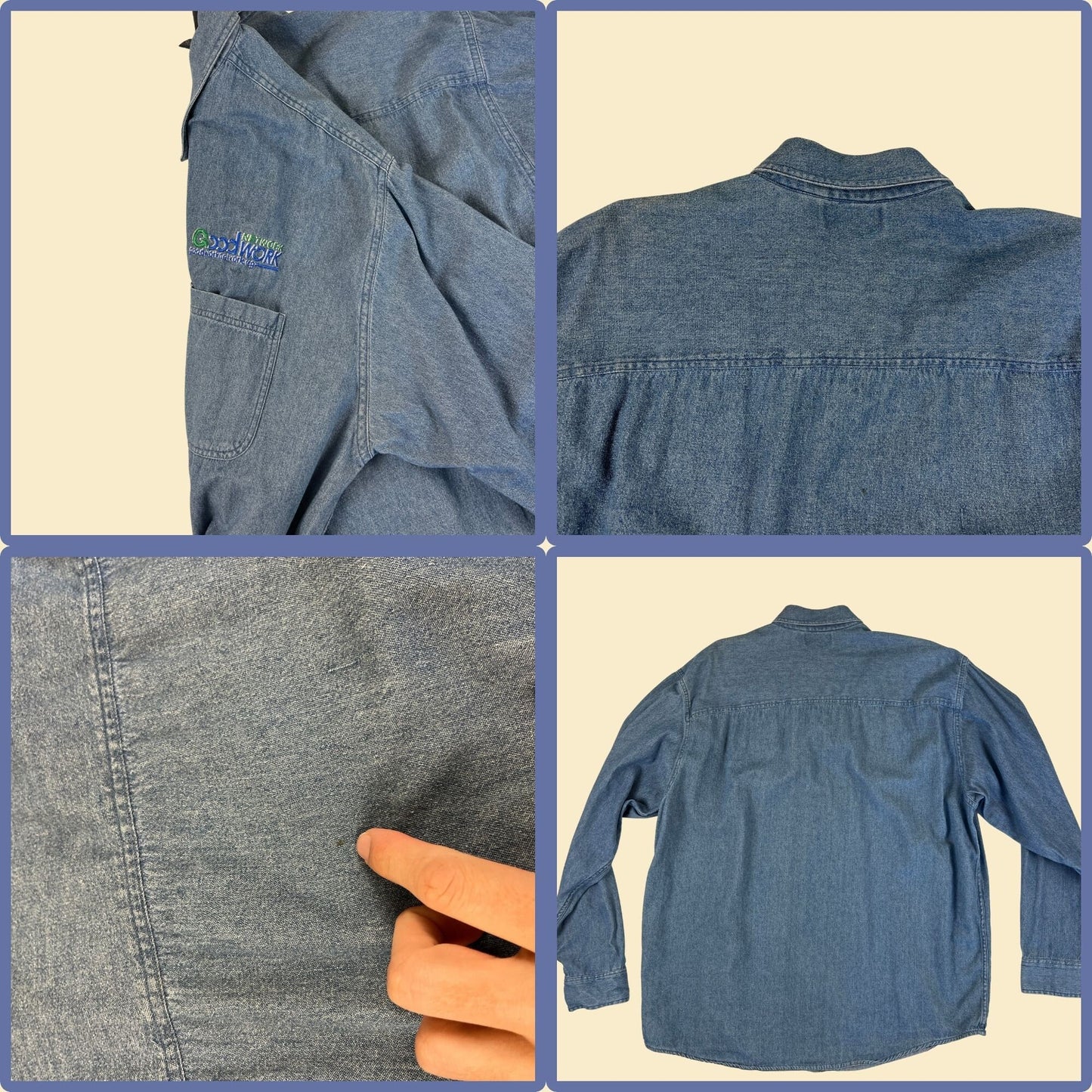 Y2K denim XL button down shirt w/ GoodWorkNetwork.org logo, vintage long sleeve 2000s medium wash button down