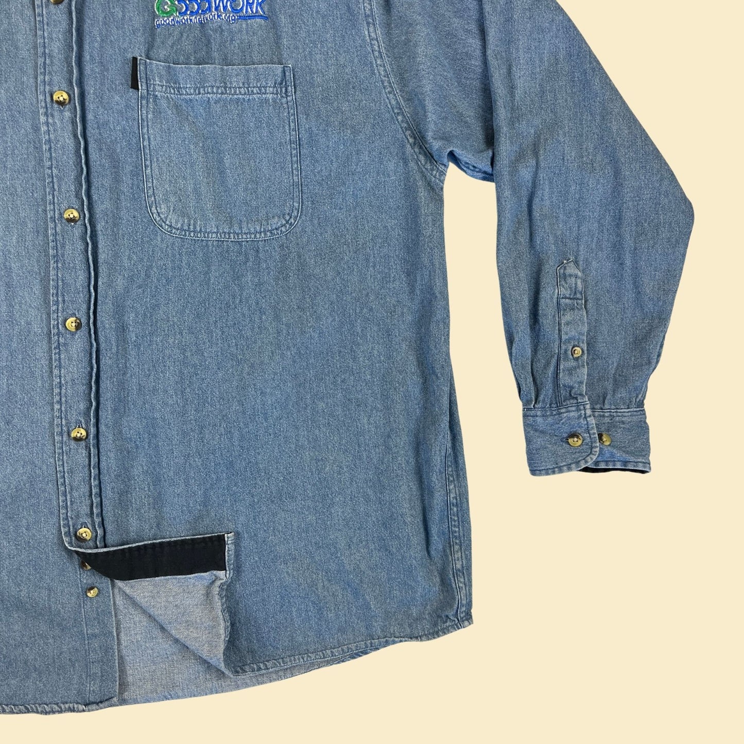 Y2K denim XL button down shirt w/ GoodWorkNetwork.org logo, vintage long sleeve 2000s medium wash button down