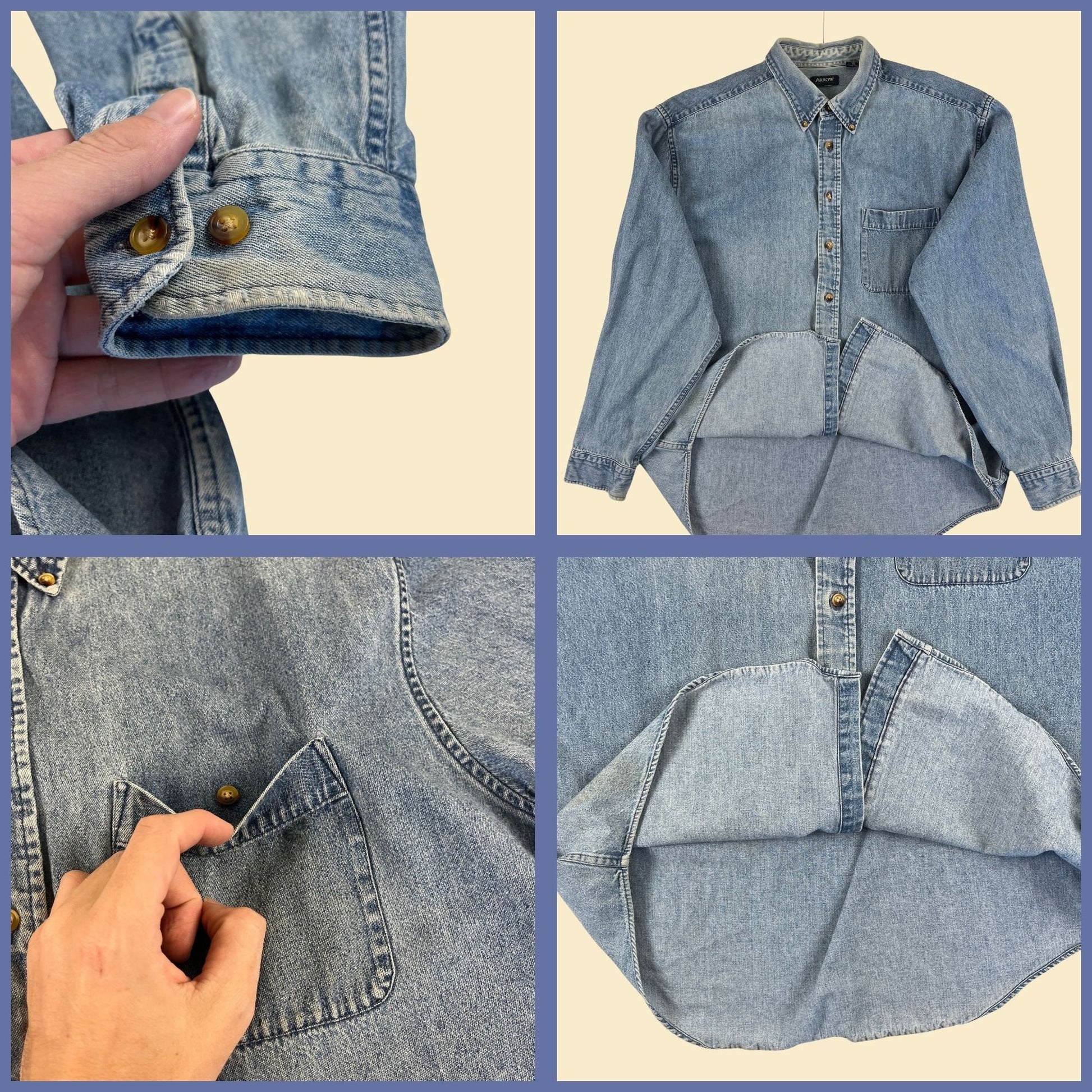 90s XL denim shirt by Arrow, vintage 1990s distressed medium wash button down top