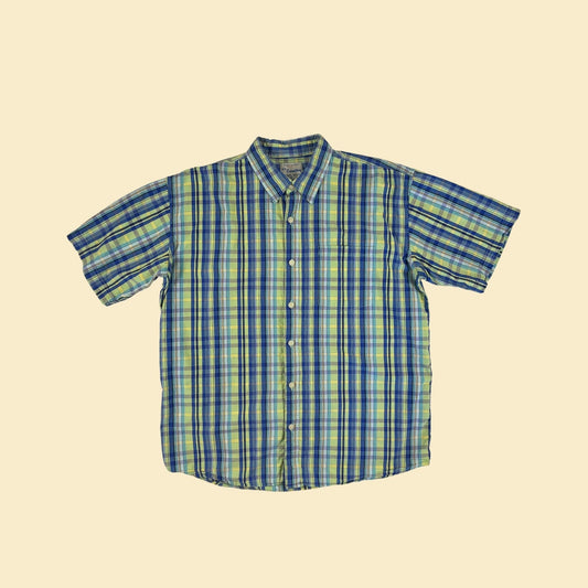 1990s XL green/blue shirt, vintage 90s plaid men's short sleeve button down top