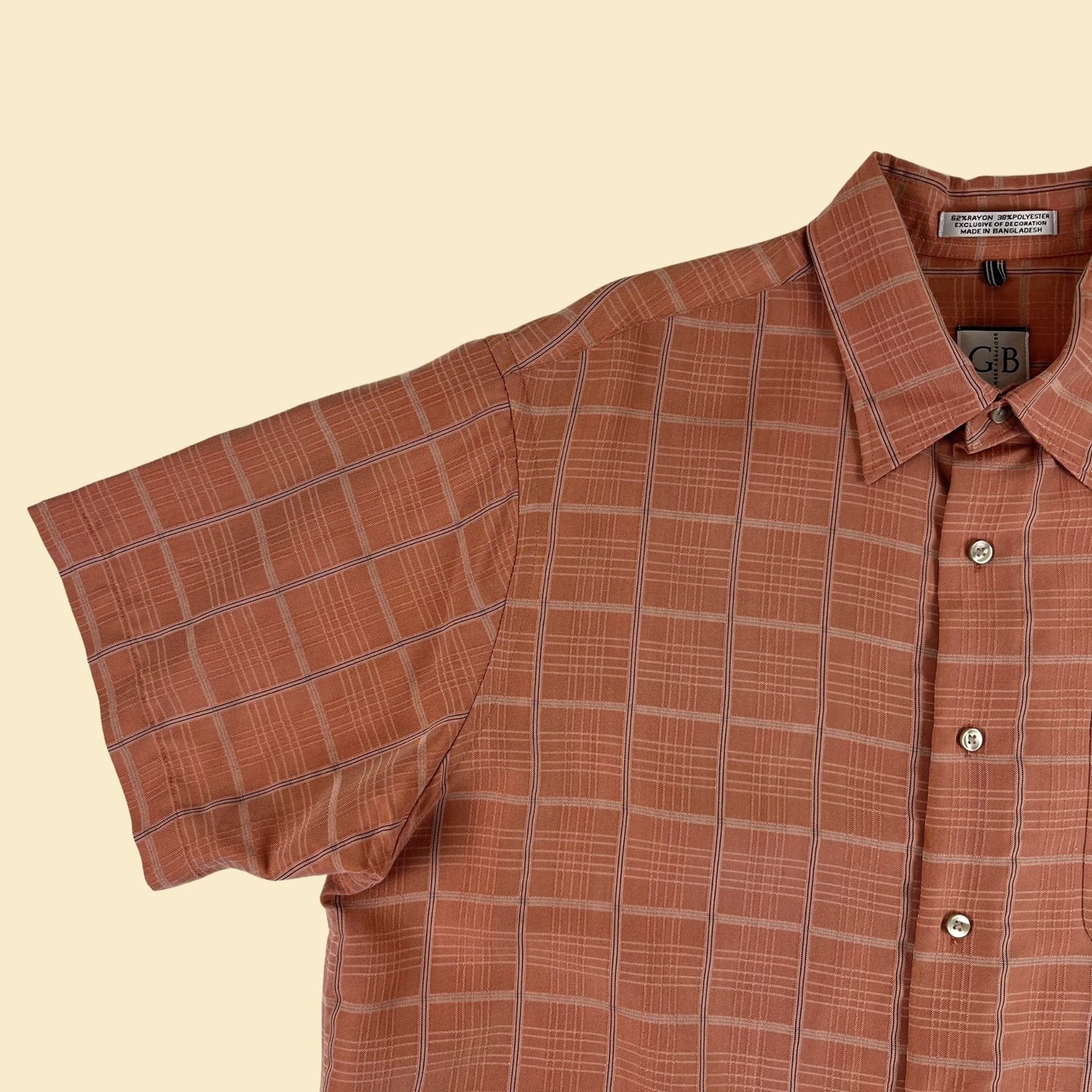 1990s L orange plaid shirt by Geoffrey Beene, vintage 90s men's short sleeve casual top