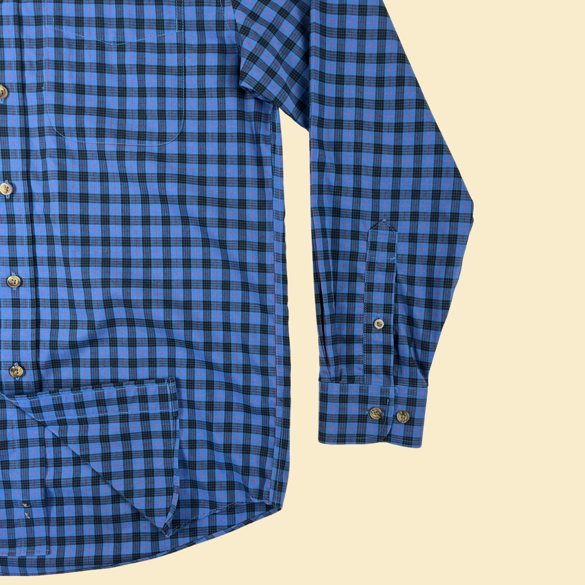 Y2K L.L. Bean S blue shirt, vintage 2000s plaid blue/black men's button down long sleeve top