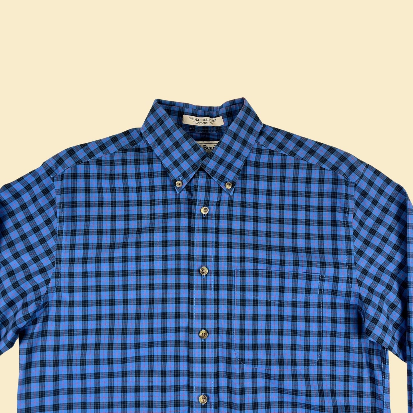 Y2K L.L. Bean S blue shirt, vintage 2000s plaid blue/black men's button down long sleeve top