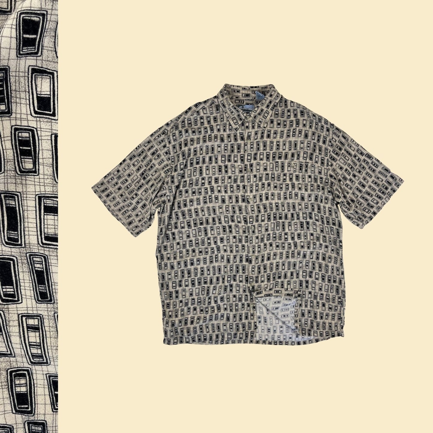 90s L beige geometric men's shirt by Corsini, vintage 1990s black & beige short sleeve button down top