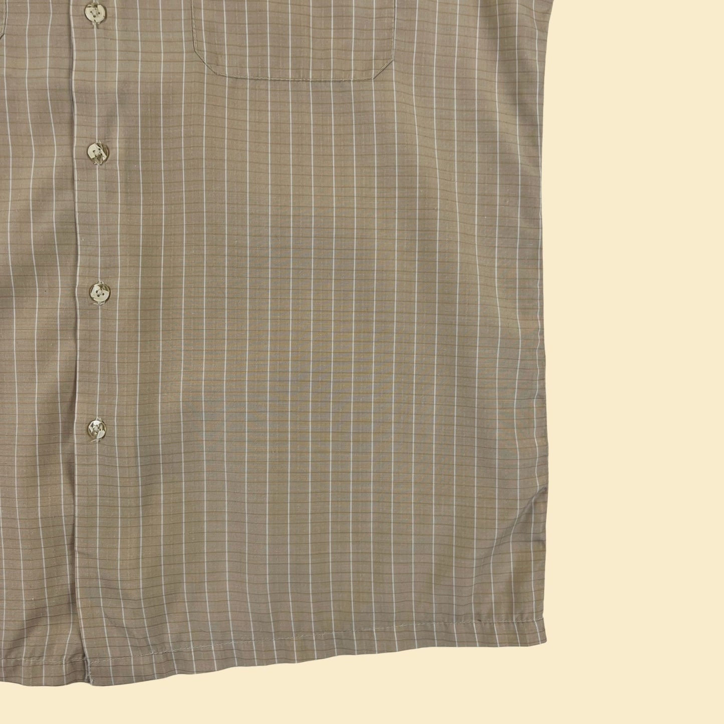 1970s men's beige shirt by Acme, vintage 70s M to L beige & white windowpane patterned short sleeve top