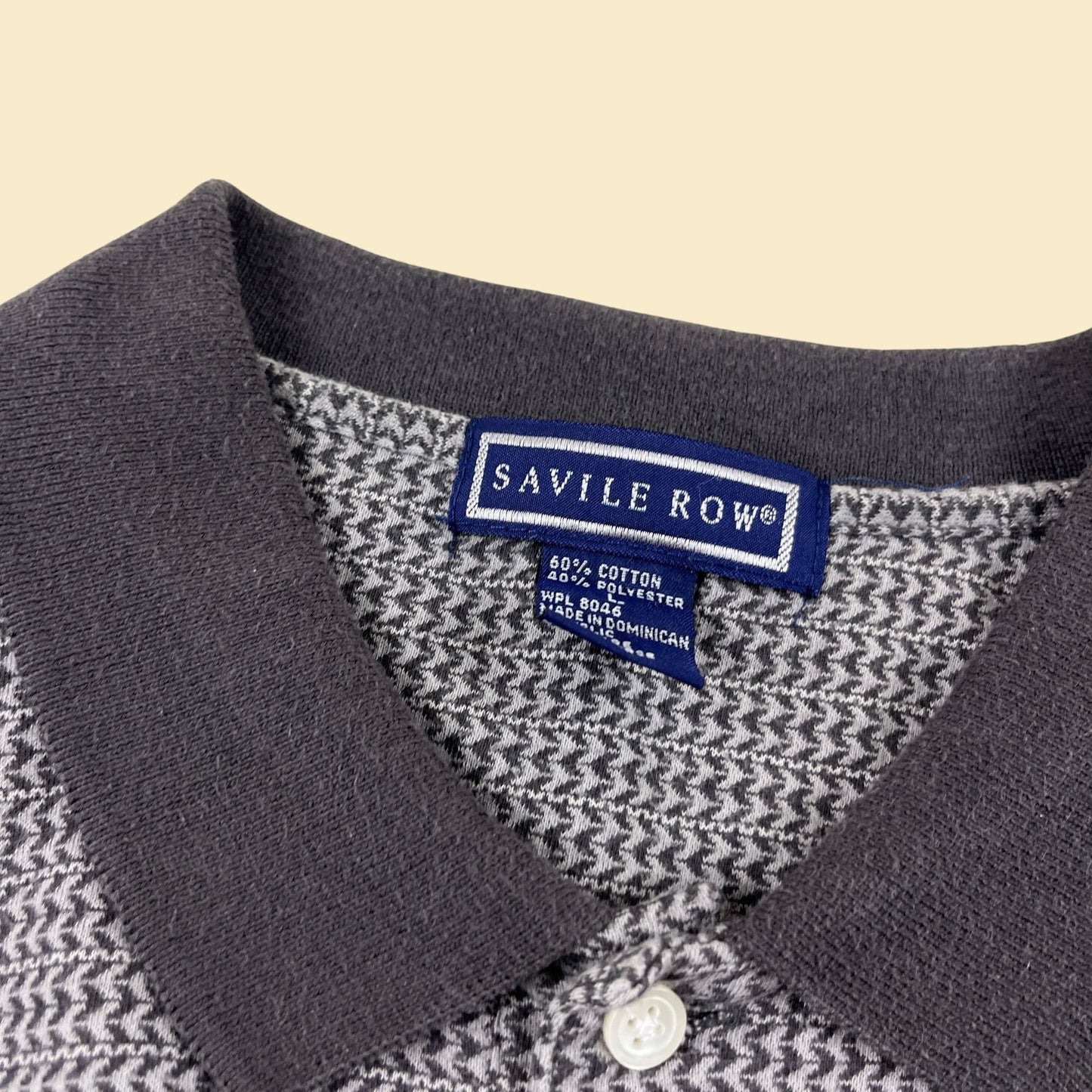 90s L grey polo shirt by Savile Row, vintage 1990s long sleeve houndstooth/check top