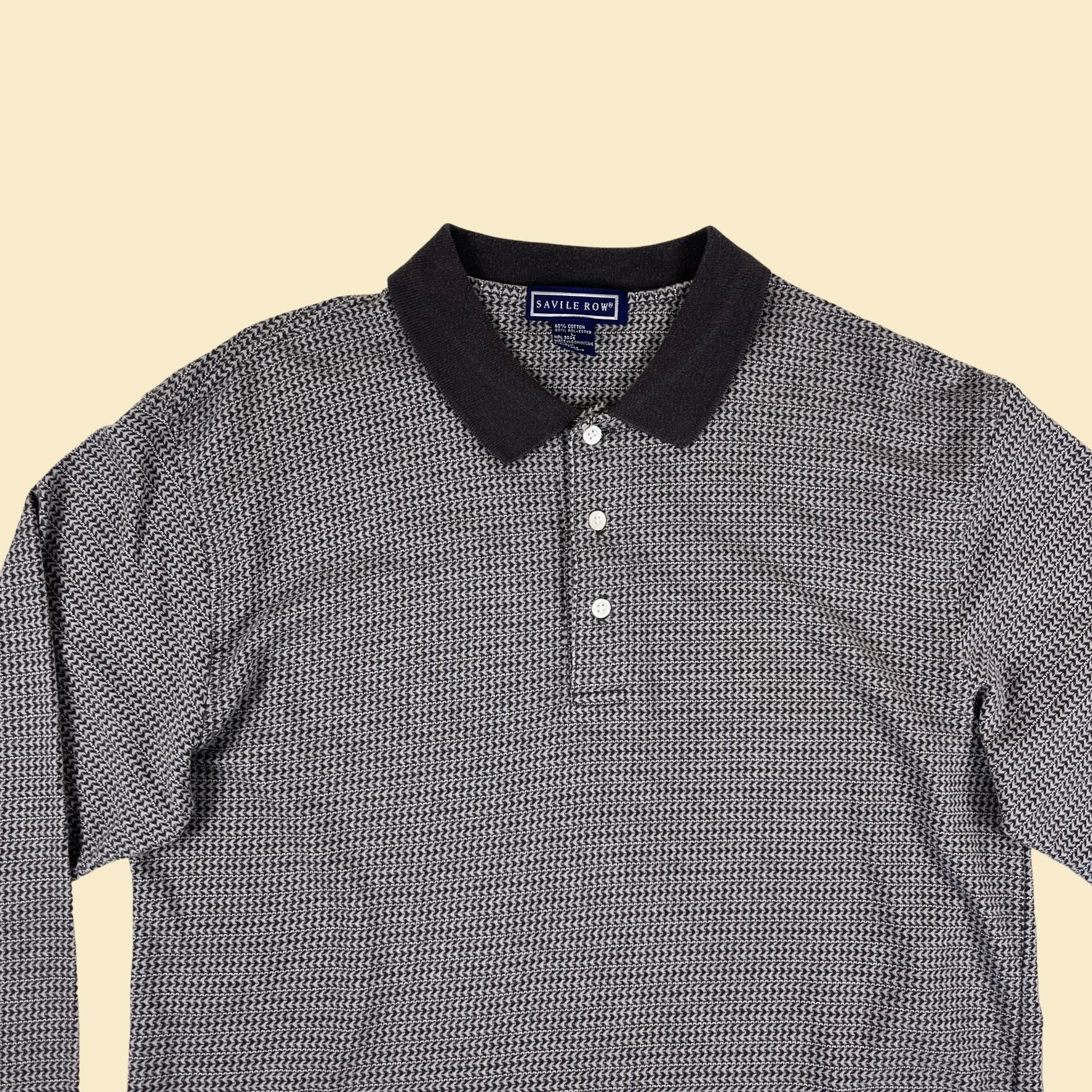 90s L grey polo shirt by Savile Row, vintage 1990s long sleeve houndstooth/check top