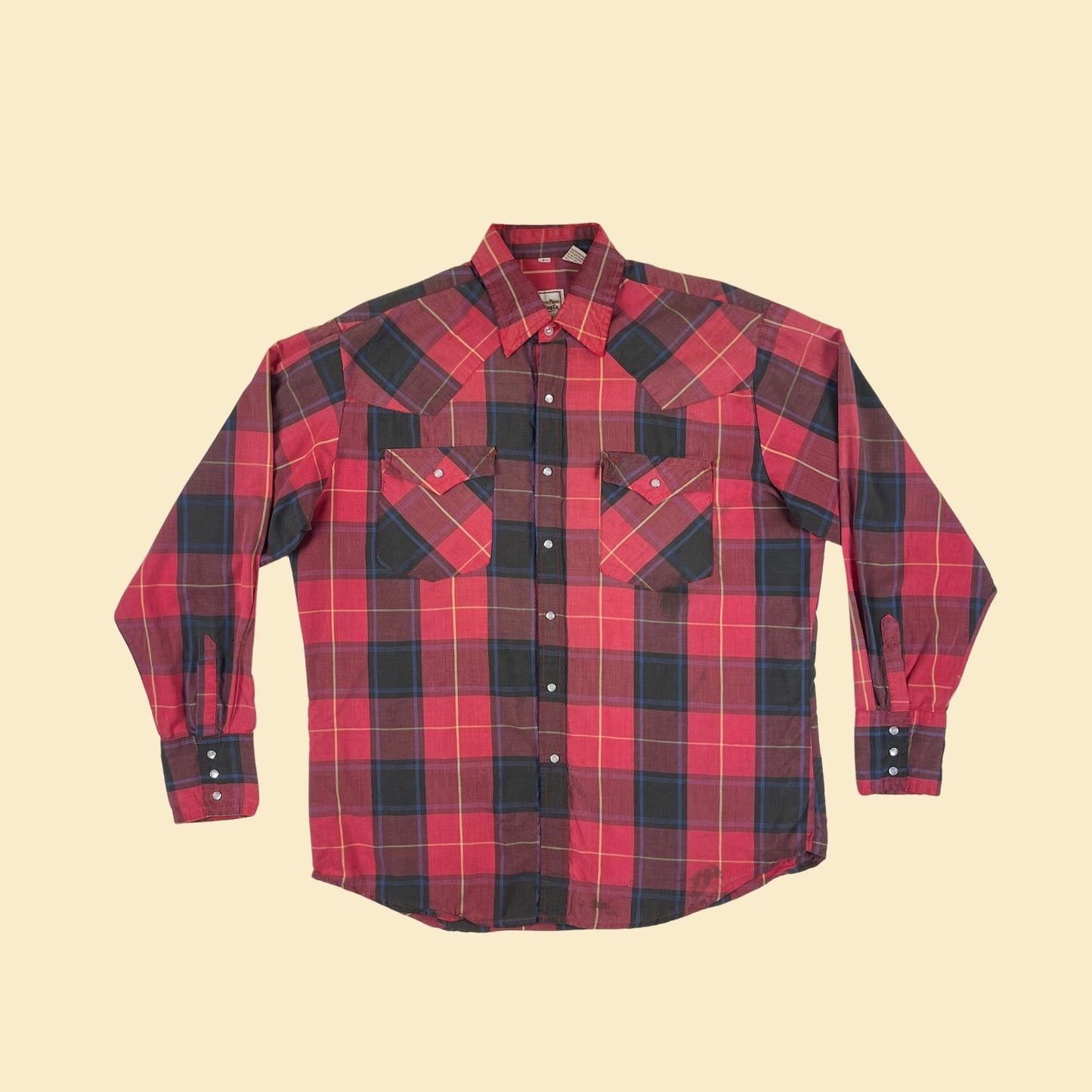 80s L men's plaid cowboy shirt by Western Plains Trading Co, vintage snap clasp red & black top