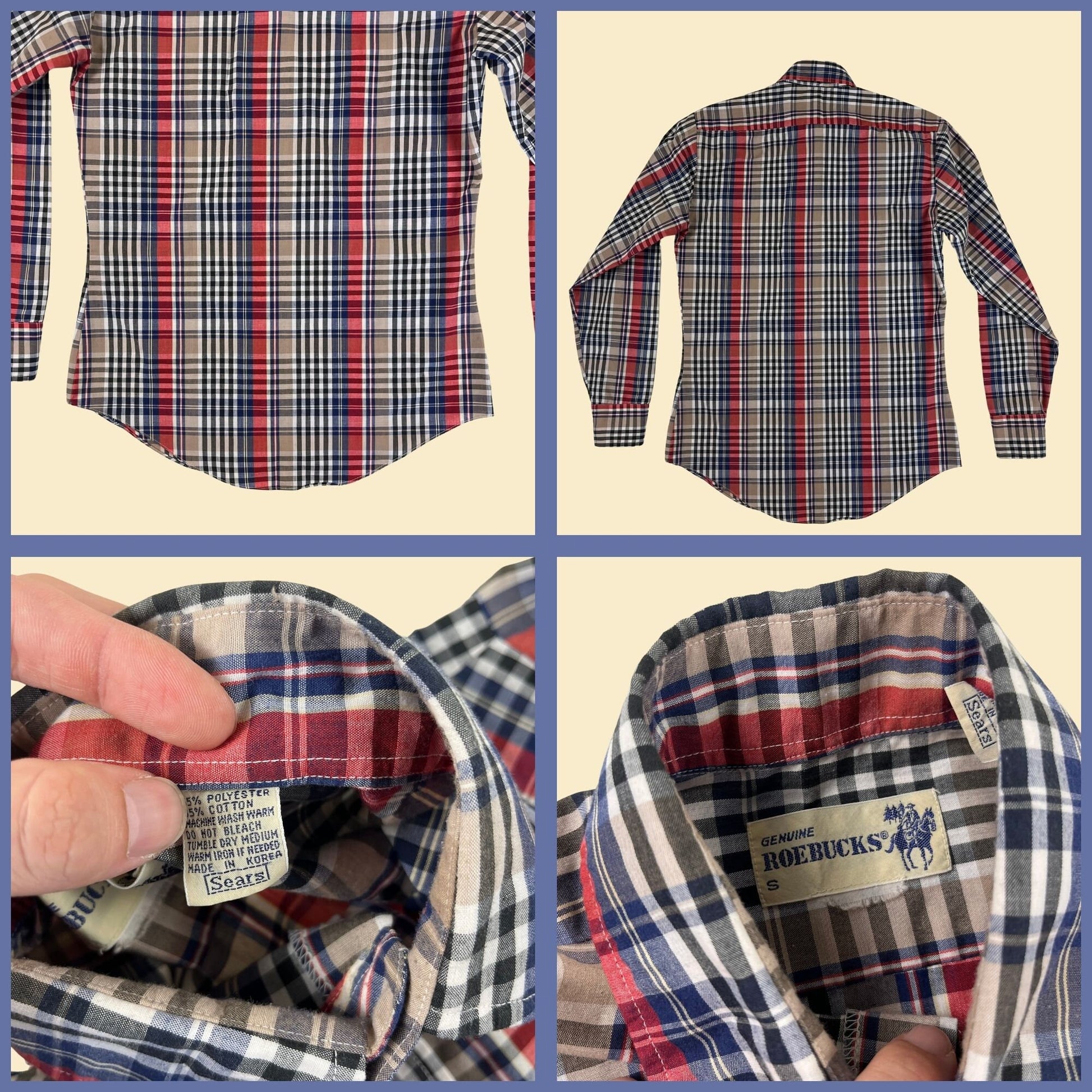 70s men's plaid shirt by Roebucks, vintage 1970s S to M red/blue button down long sleeve