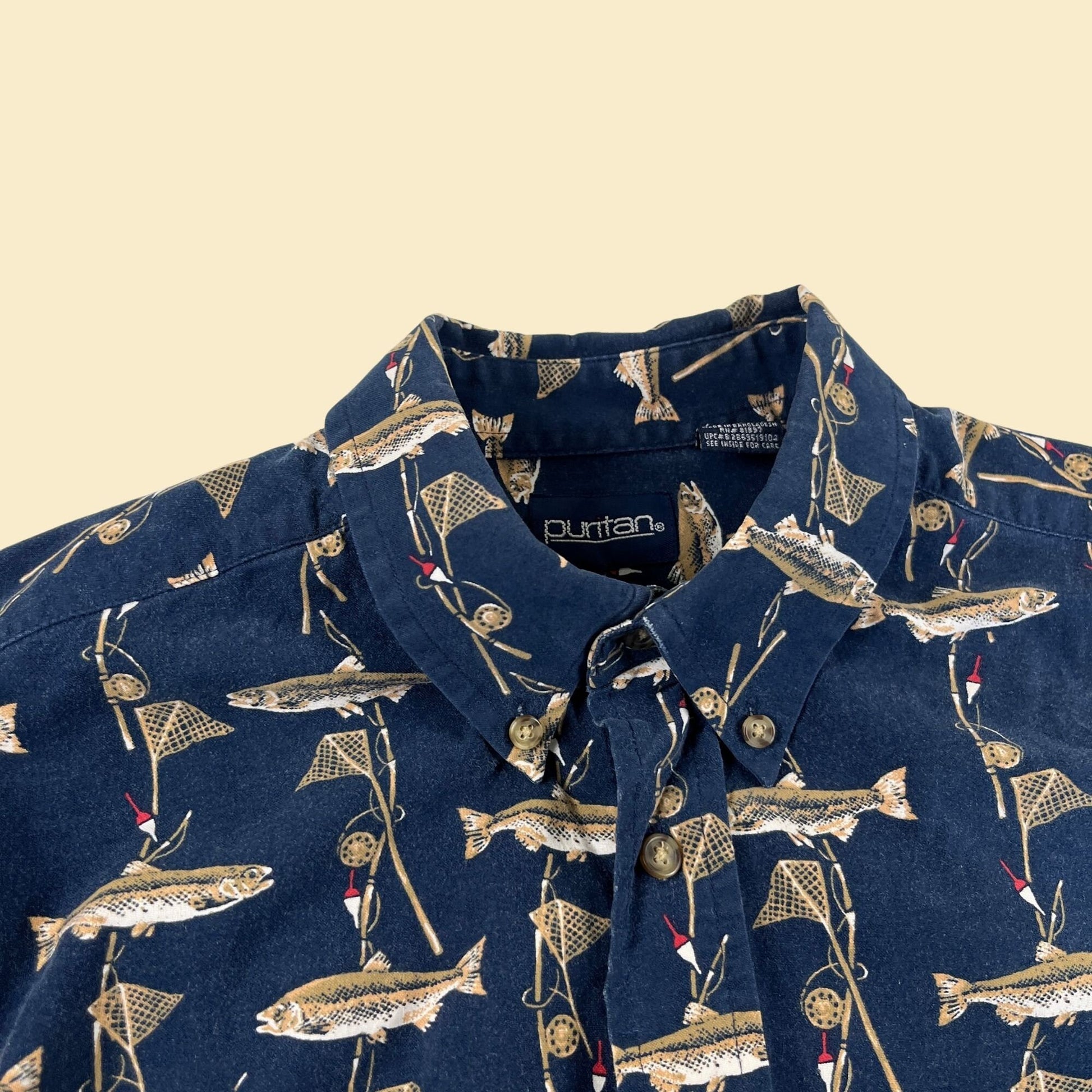 90s L fish shirt by Puritan, vintage 1990s blue/beige fishing button down short sleeve top