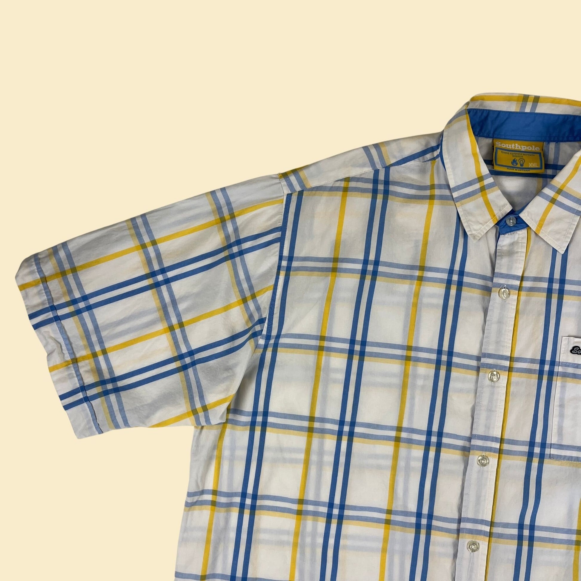 90s XXL Southpole shirt, vintage 1990s white/yellow/blue plaid short sleeve button down men's top