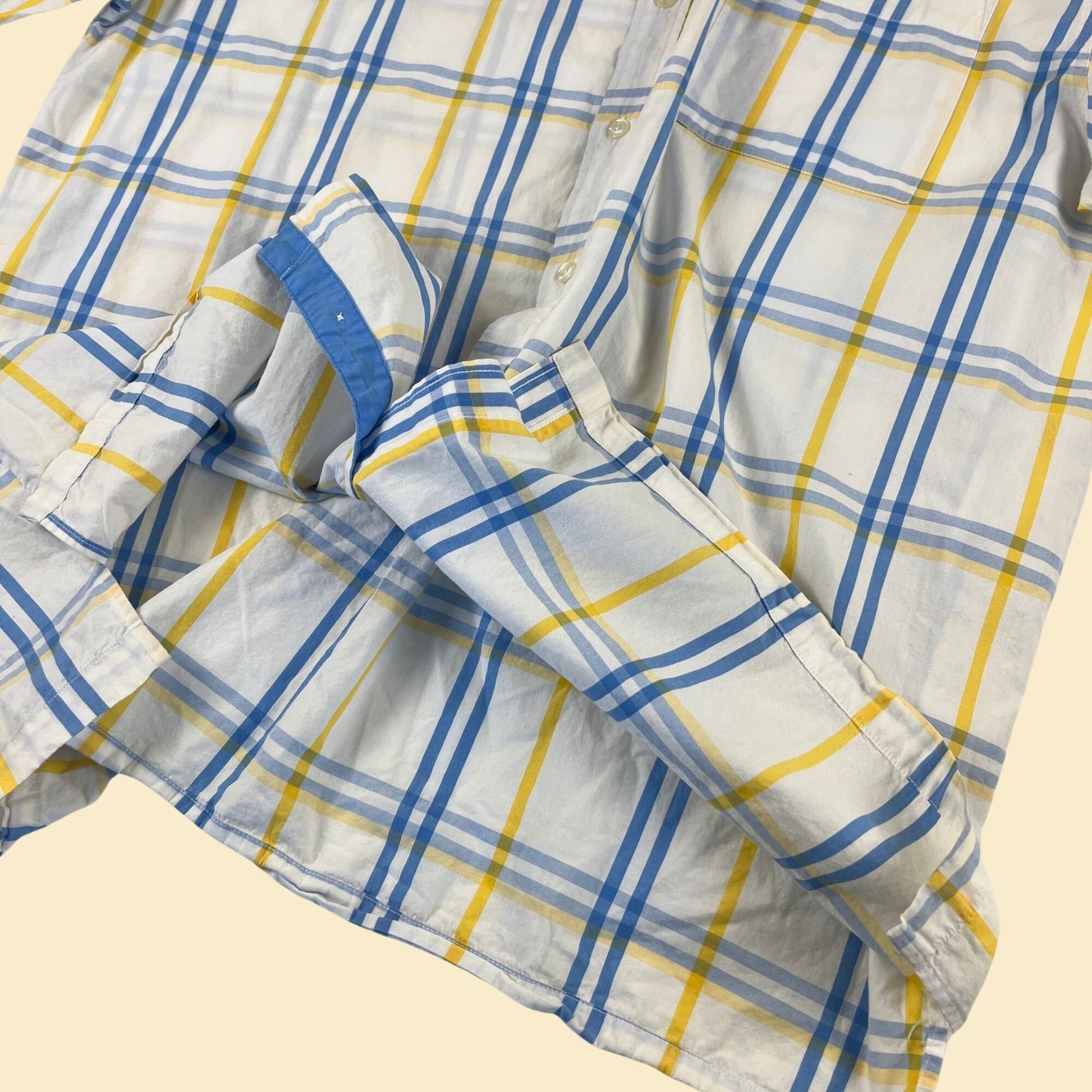 90s XXL Southpole shirt, vintage 1990s white/yellow/blue plaid short sleeve button down men's top