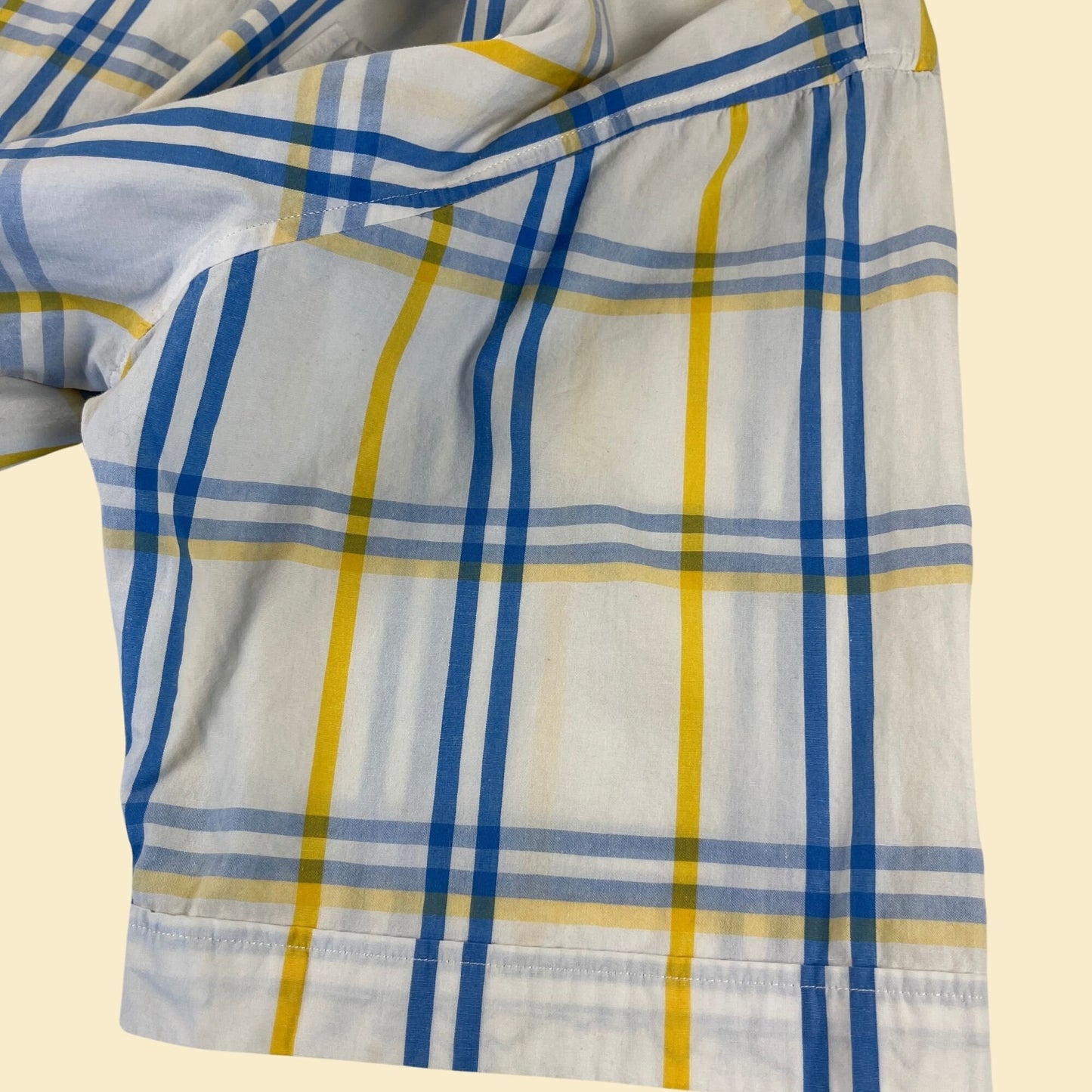 90s XXL Southpole shirt, vintage 1990s white/yellow/blue plaid short sleeve button down men's top