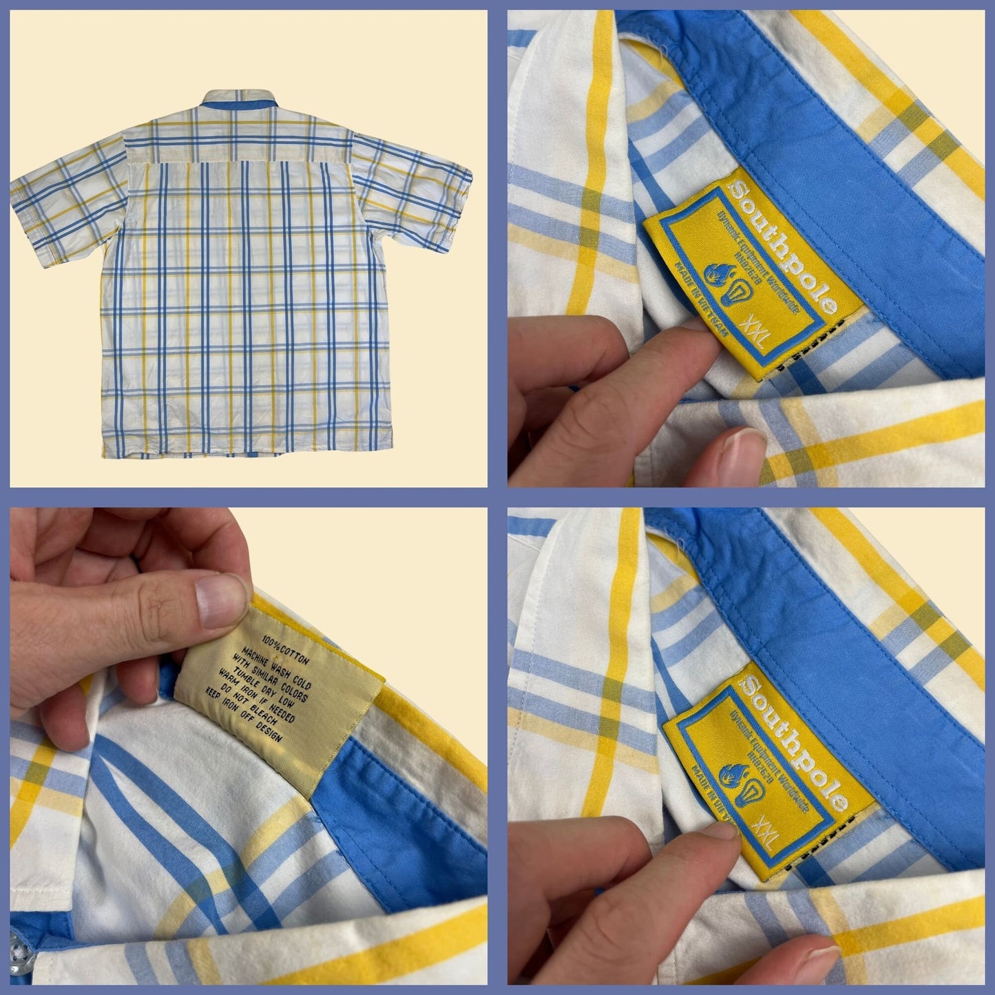 90s XXL Southpole shirt, vintage 1990s white/yellow/blue plaid short sleeve button down men's top