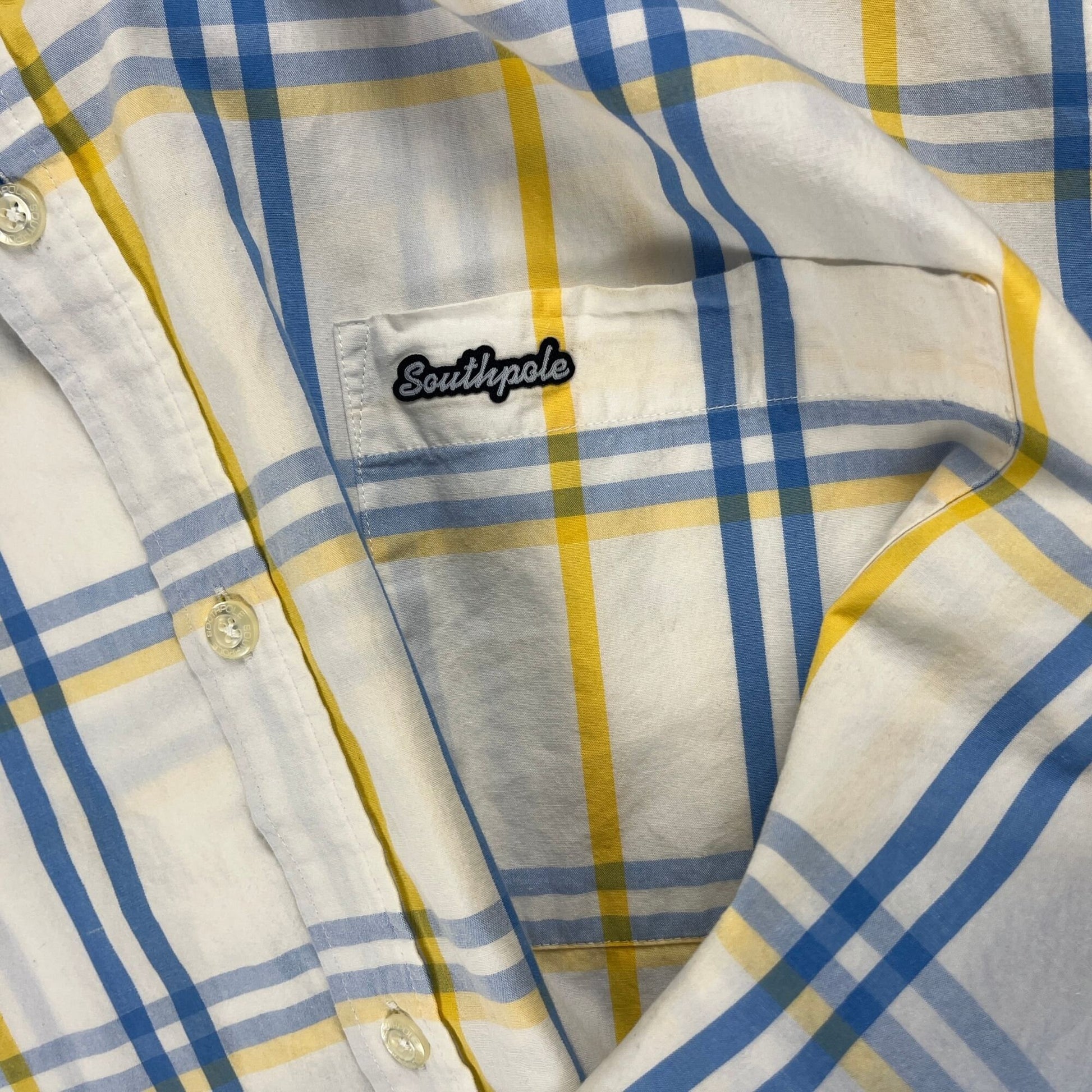 90s XXL Southpole shirt, vintage 1990s white/yellow/blue plaid short sleeve button down men's top