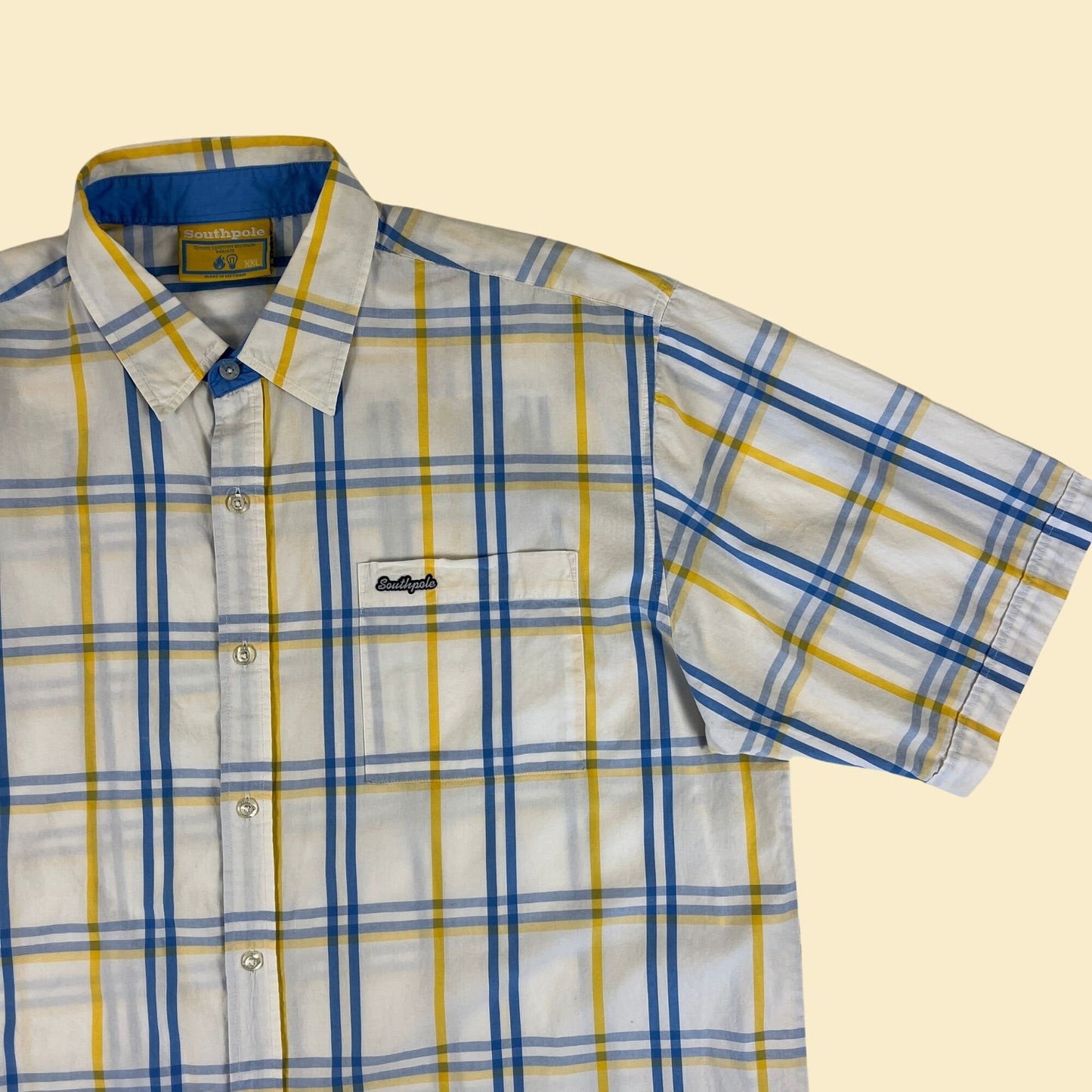 90s XXL Southpole shirt, vintage 1990s white/yellow/blue plaid short sleeve button down men's top