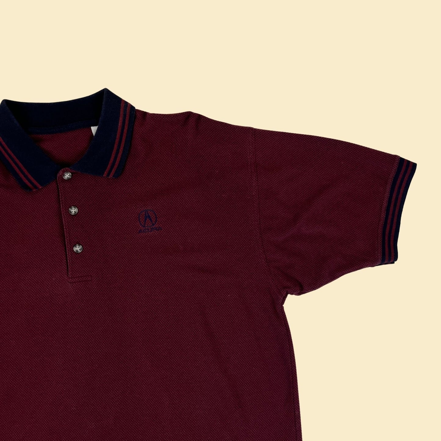 90s XL Acura polo shirt, vintage Acura Motors 1990s burgundy/blue short sleeve men's top