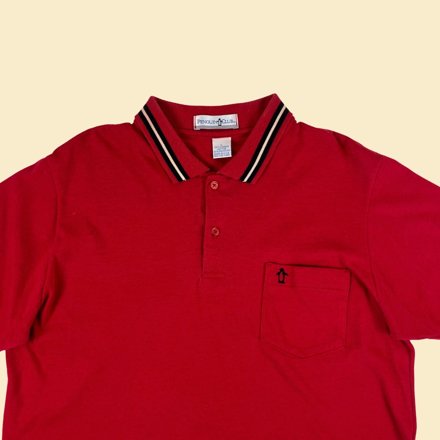 90s L red polo by Penguin Club, vintage 1990s red/black/white men's short sleeve top