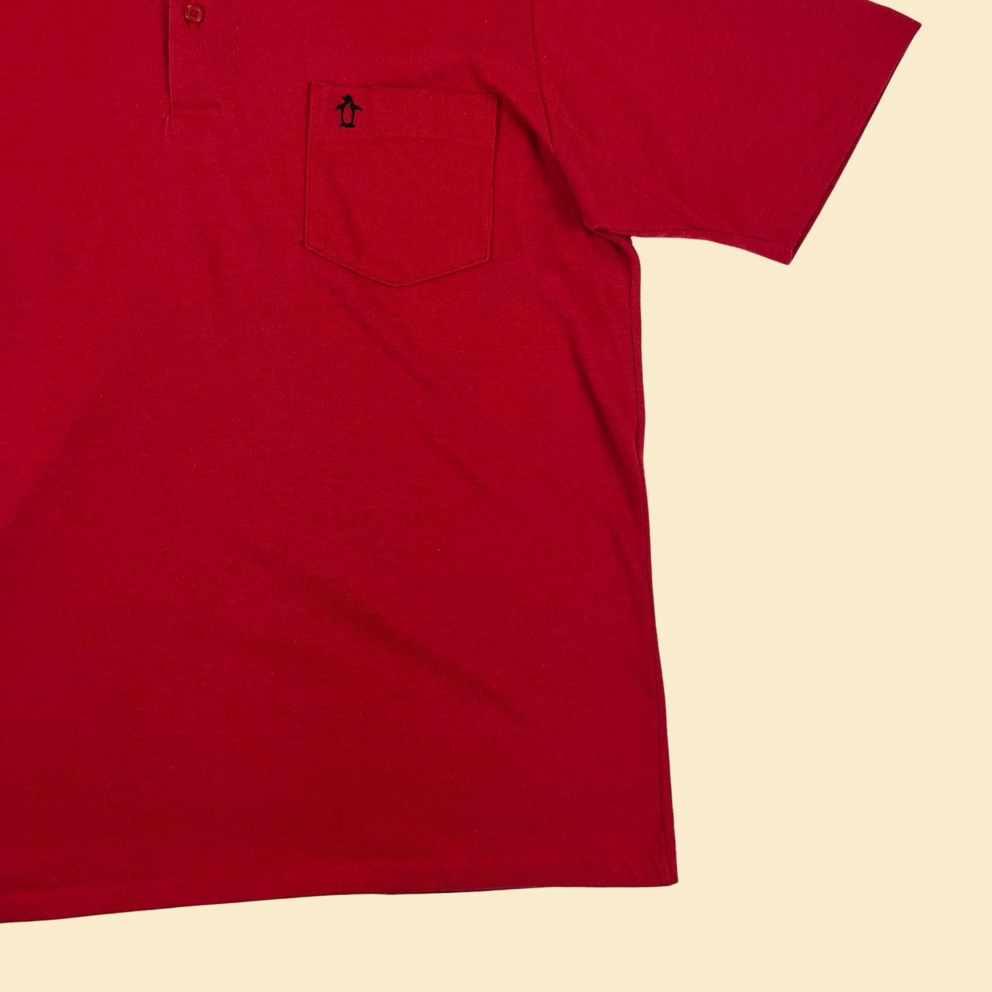 90s L red polo by Penguin Club, vintage 1990s red/black/white men's short sleeve top