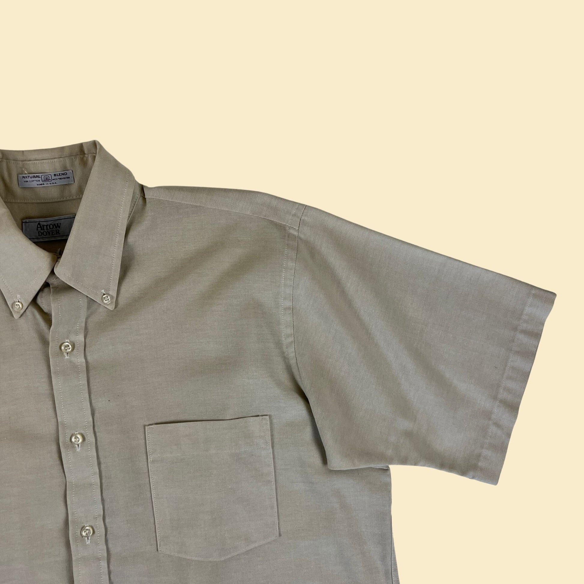 Vintage 70s/80s shirt by Arrow Dover, 1980s men's 16.5 solid beige button down short sleeve top