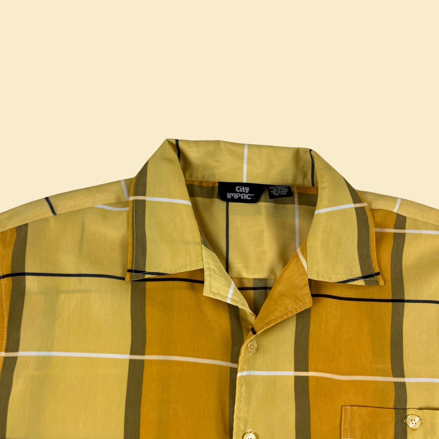 90s L yellow shirt by City Impact, vintage 1990s men's yellow/white plaid button down short sleeve top