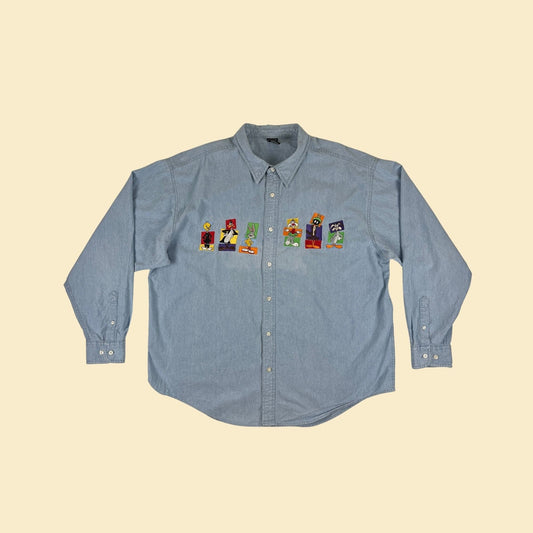 90s XXL Warner Bros Studio shirt, vintage 1990s chambray/denim blue button down long sleeve daffy duck & bugs bunny shirt