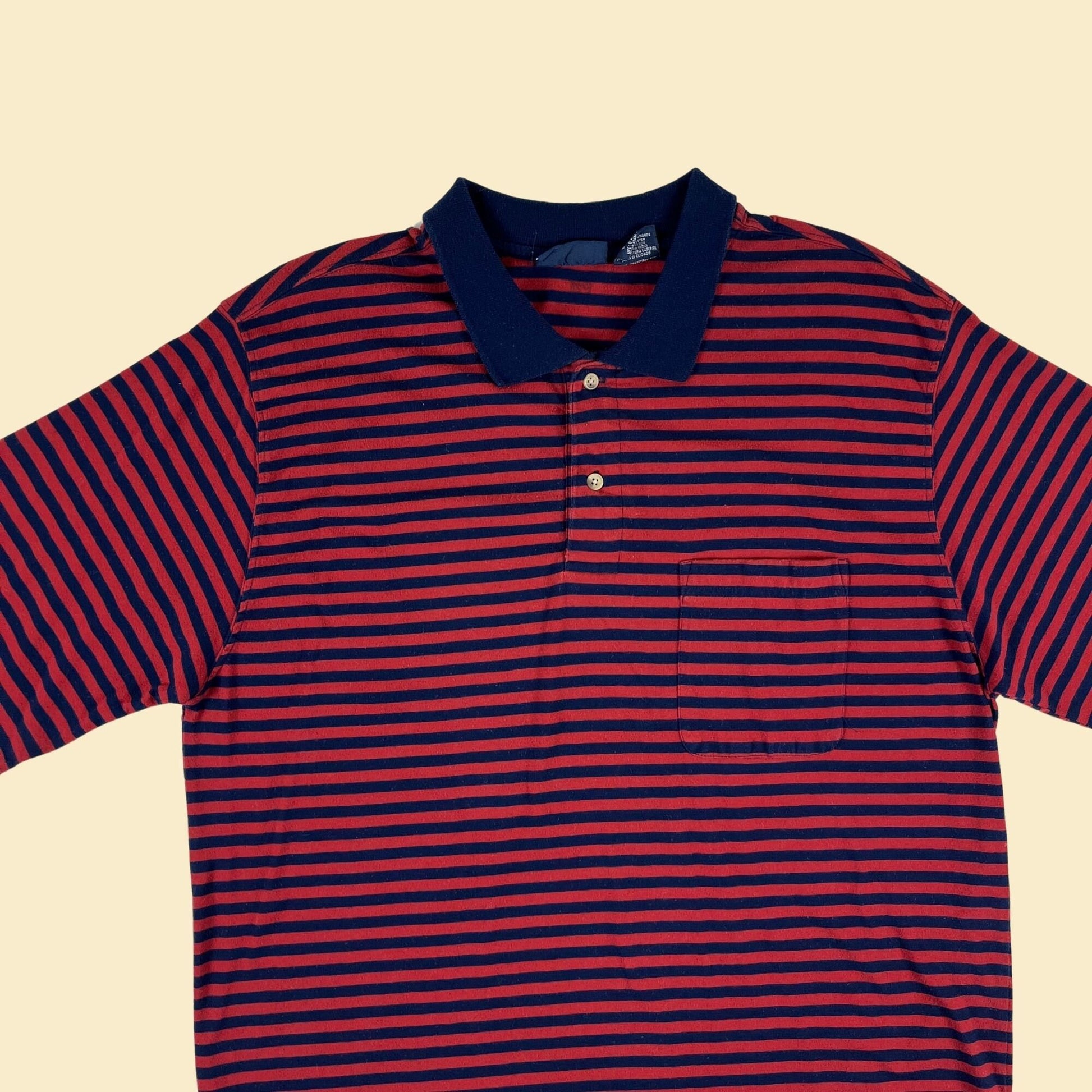 1990s L striped polo shirt by Puritan, vintage 90s men's burgundy & blue short sleeve golf top