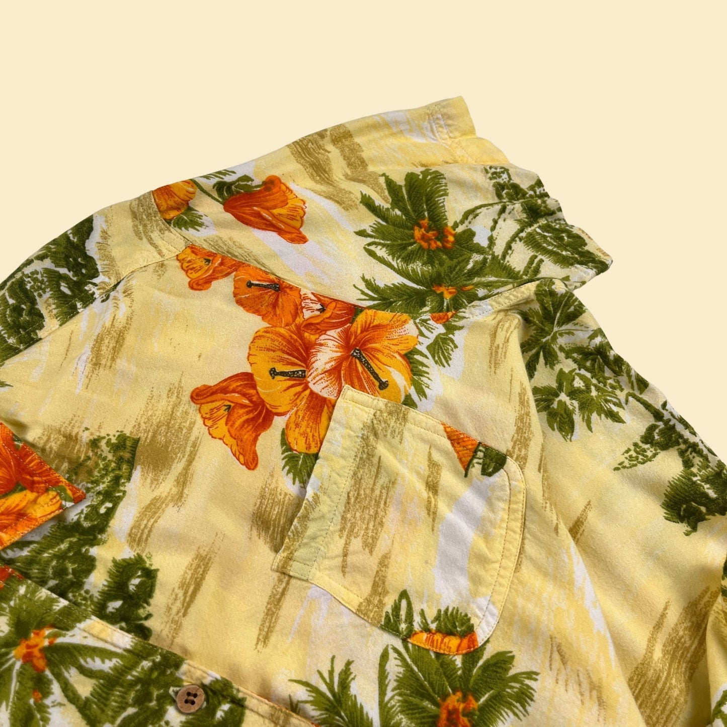 1990s XL tropical yellow blouse by St. John's Bay, vintage 90s yellow & orange women's short sleeve button down top