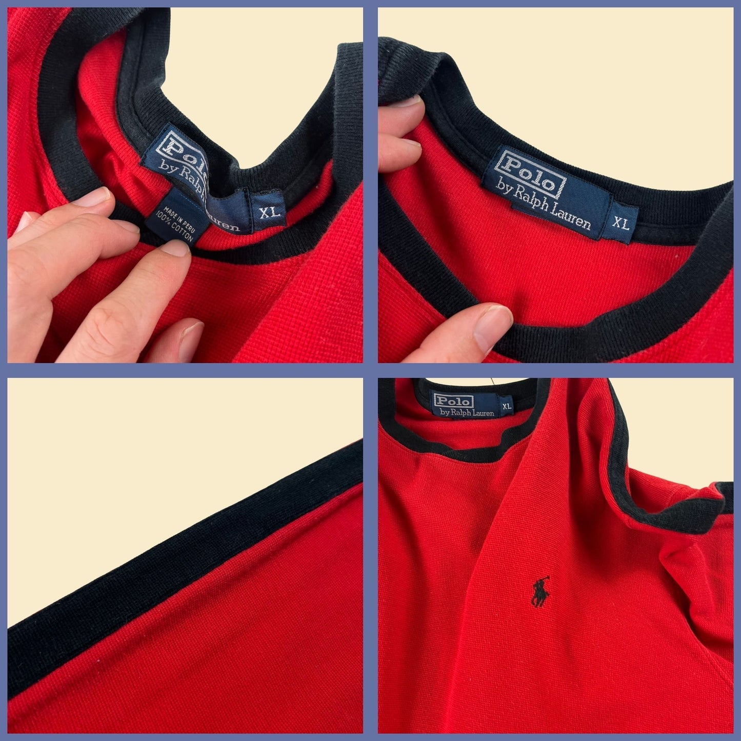 1990s XL Polo by Ralph Lauren t-shirt, vintage 90s men's long sleeve red & black crew shirt