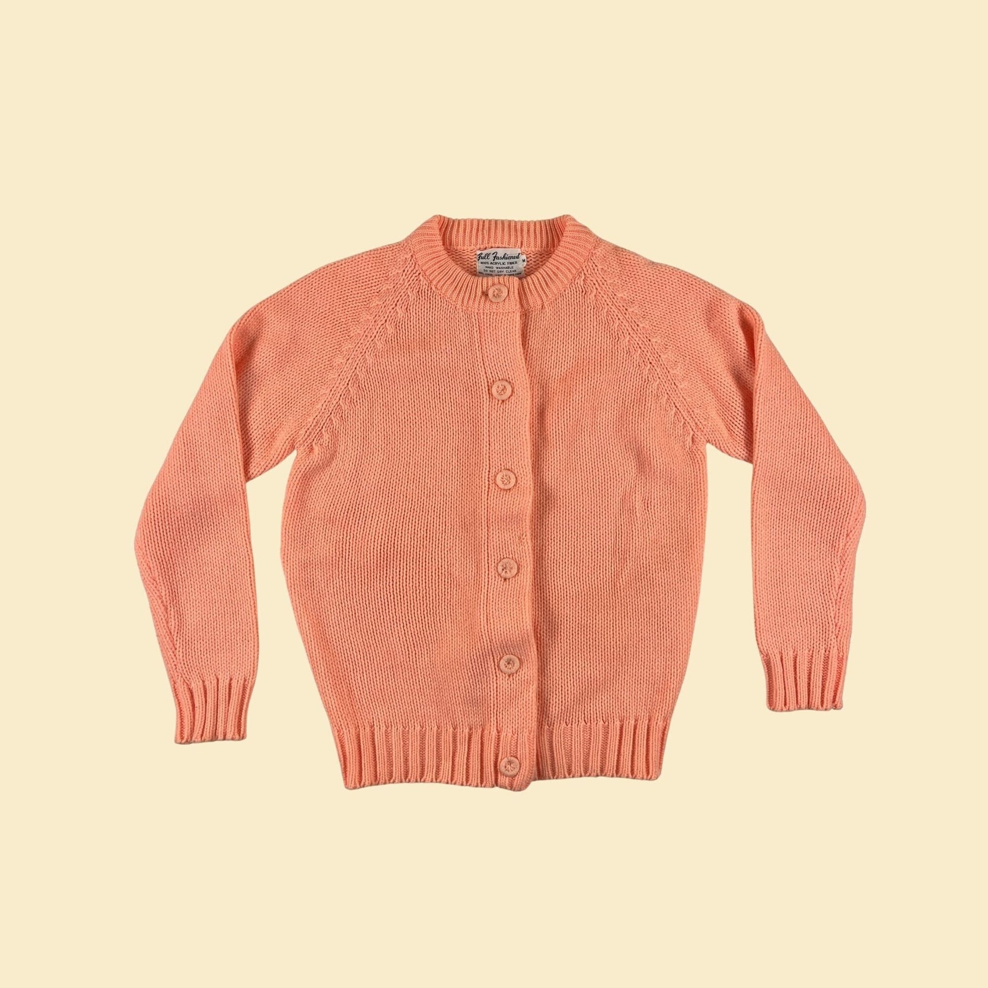 1970s M orange sweater by Full Fashioned, vintage 70s button up knit pastel orange jersey sweater