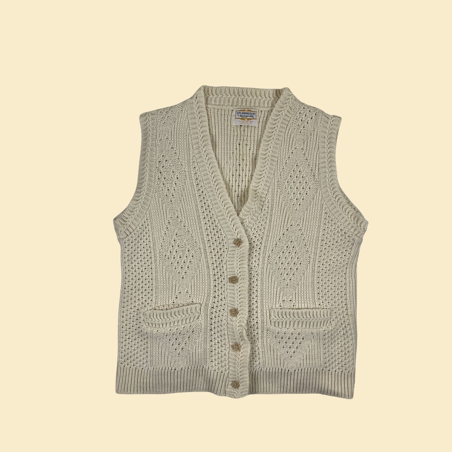 1970s cream sweater vest by Sturbridge by Roosevelt, vintage 70s button up knit women's vest