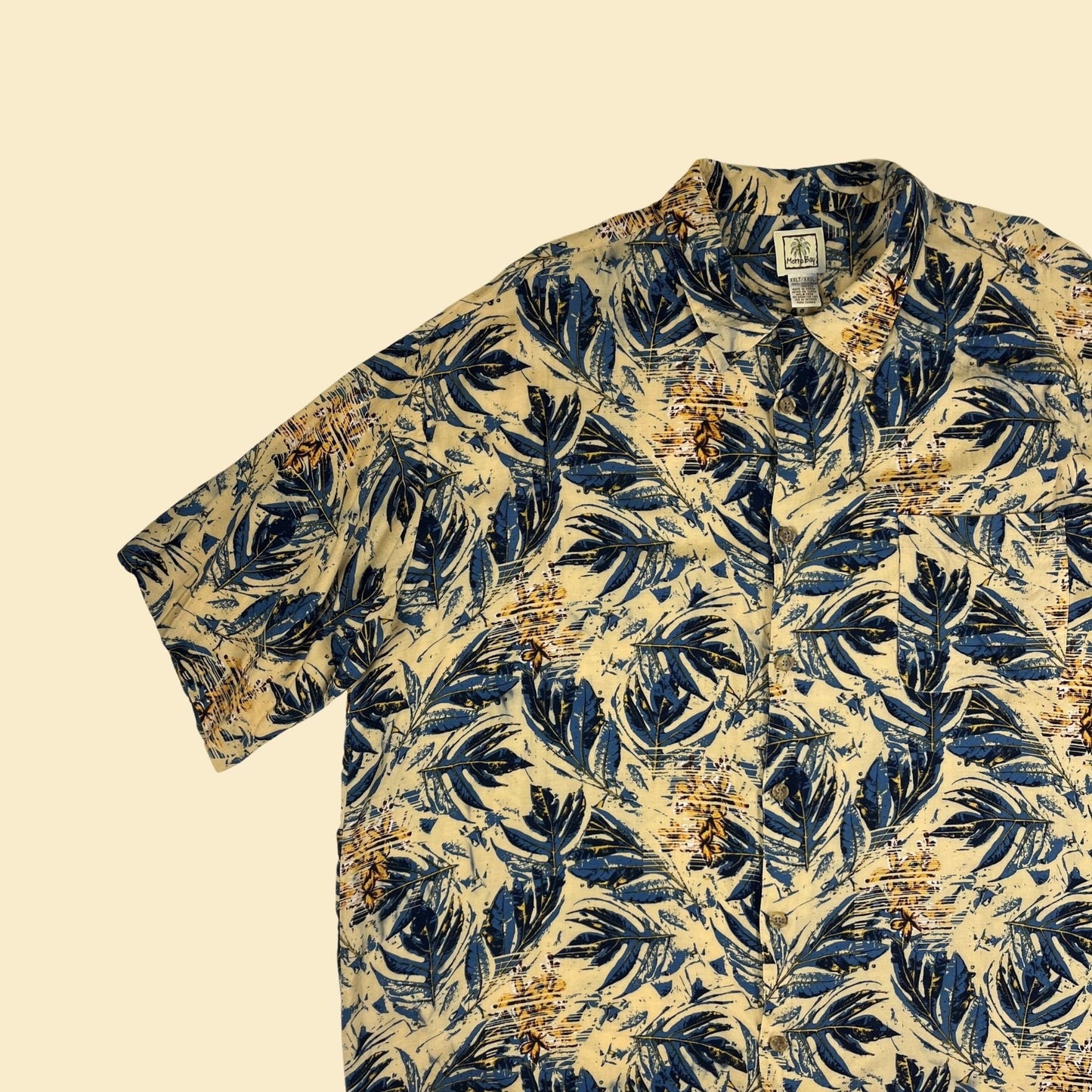 1990s tropical XXLT men's shirt by Morro Bay, vintage 90s yellow/blue short sleeve viscose button down