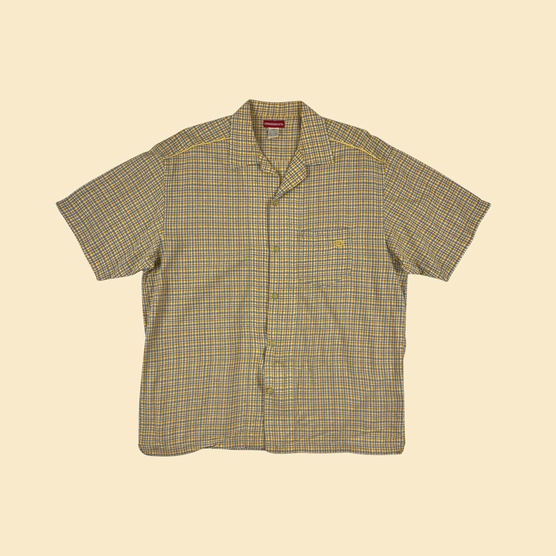 90s/Y2K men's yellow shirt by UnionBay, size L/XL vintage plaid yellow & blue short sleeve button down top