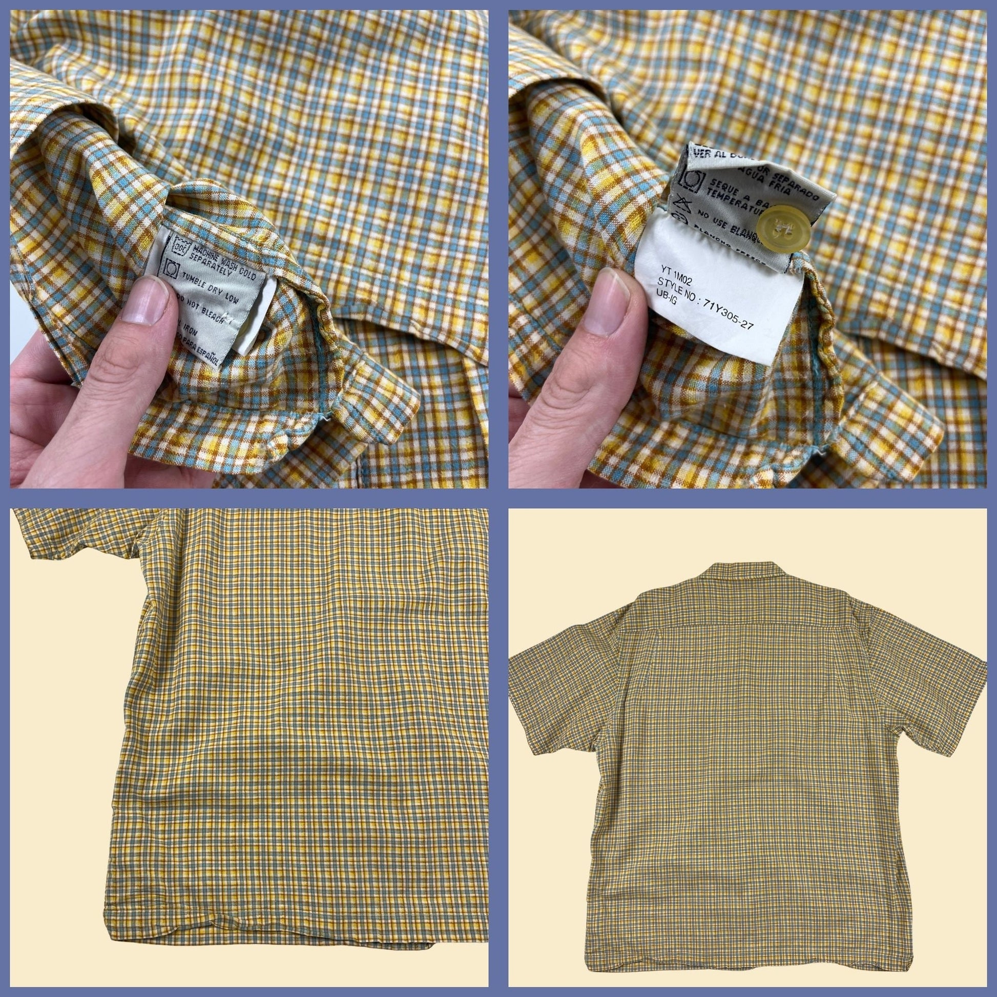 90s/Y2K men's yellow shirt by UnionBay, size L/XL vintage plaid yellow & blue short sleeve button down top