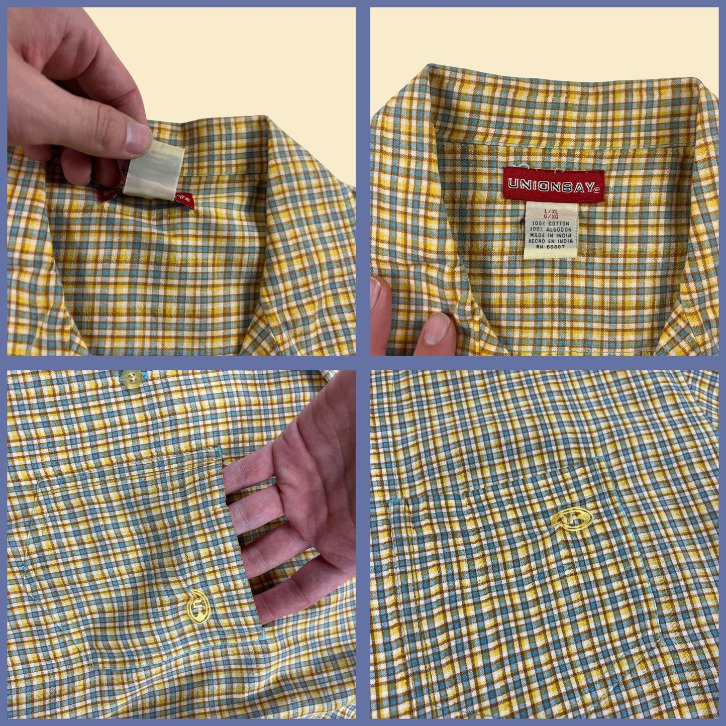 90s/Y2K men's yellow shirt by UnionBay, size L/XL vintage plaid yellow & blue short sleeve button down top