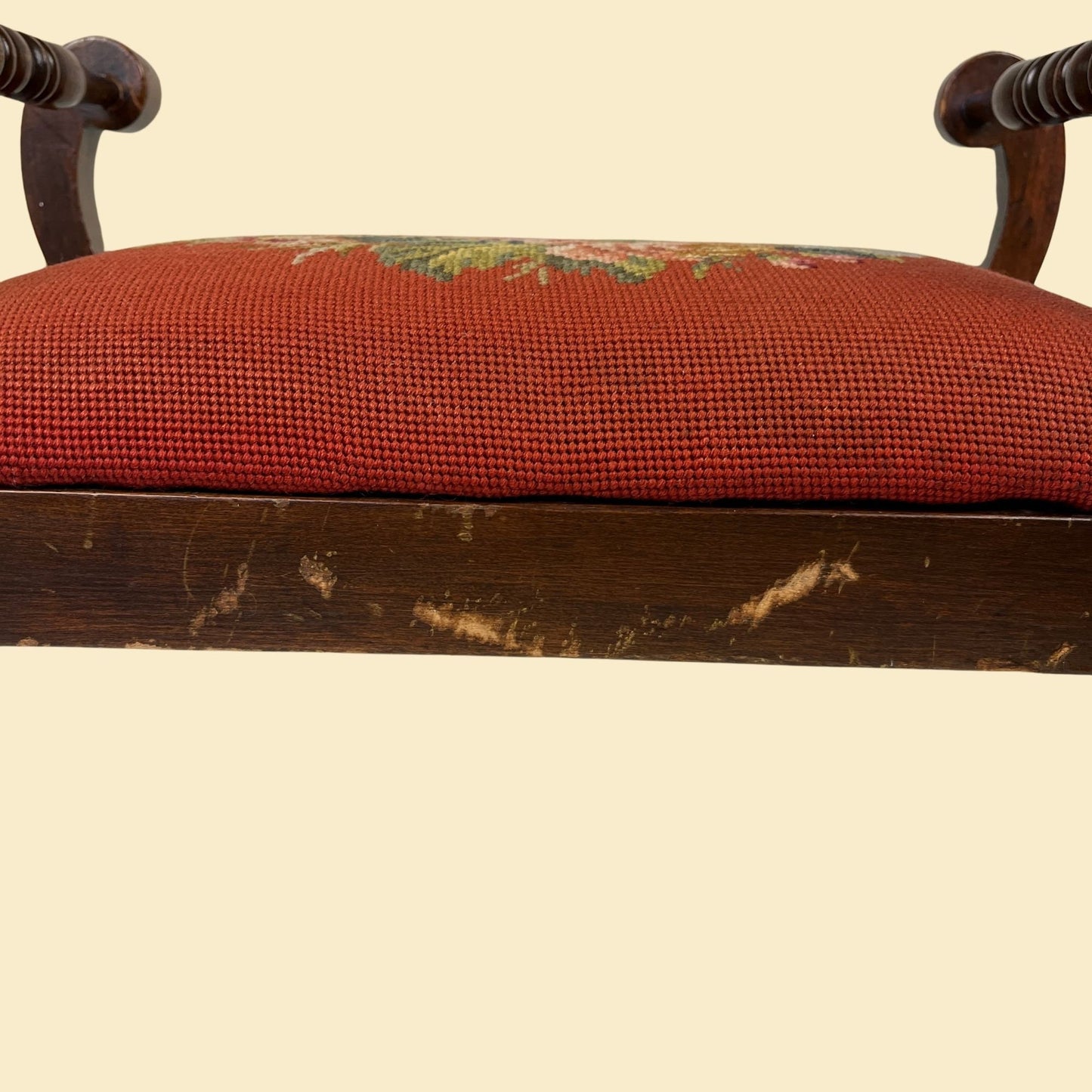 Vintage wooden footstool, 1930s floral needlepoint burgundy French provincial style stool w/ handles