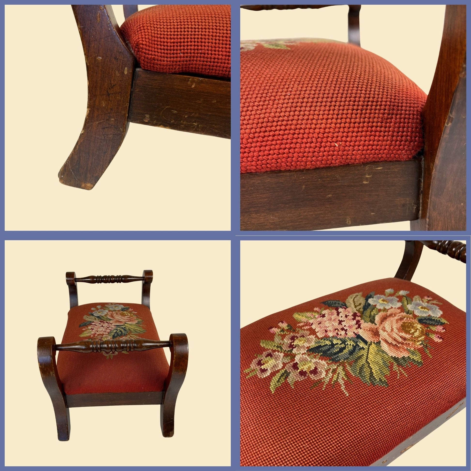 Vintage wooden footstool, 1930s floral needlepoint burgundy French provincial style stool w/ handles