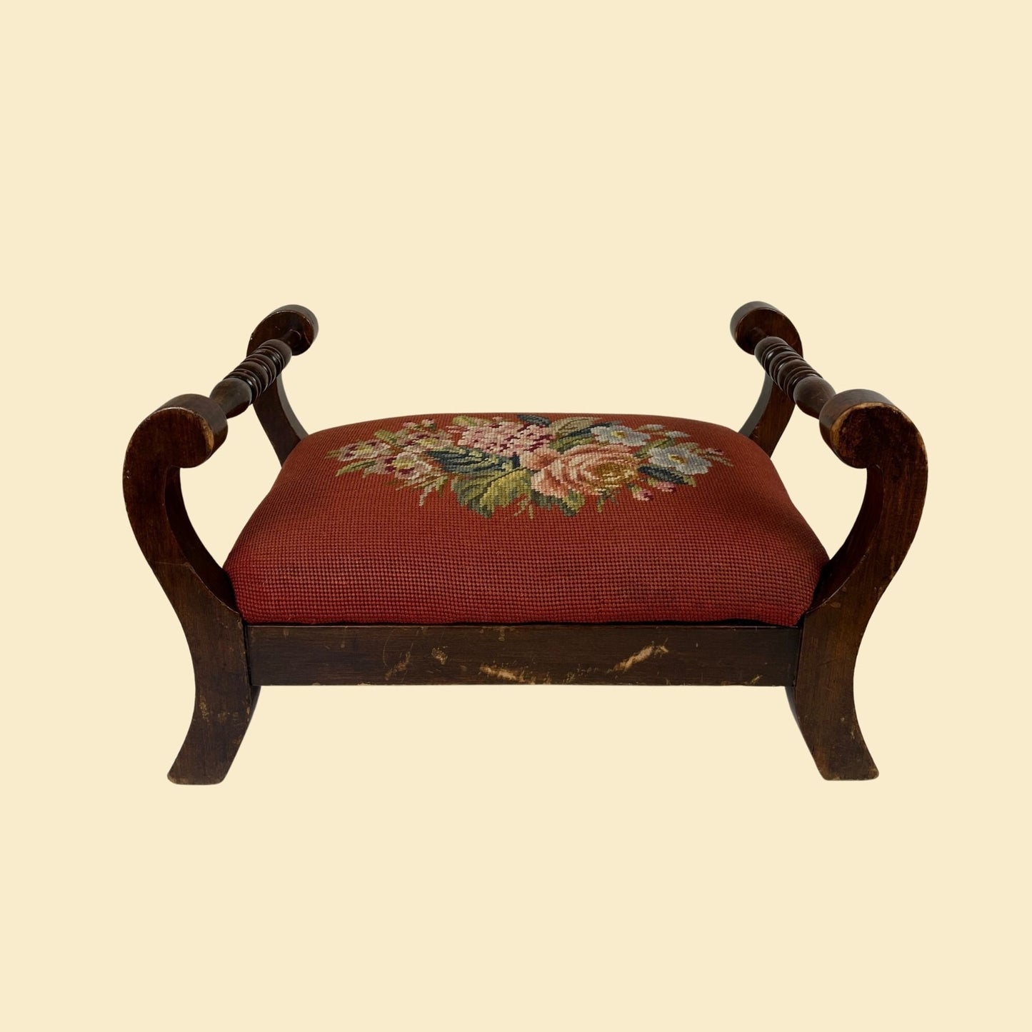 Vintage wooden footstool, 1930s floral needlepoint burgundy French provincial style stool w/ handles