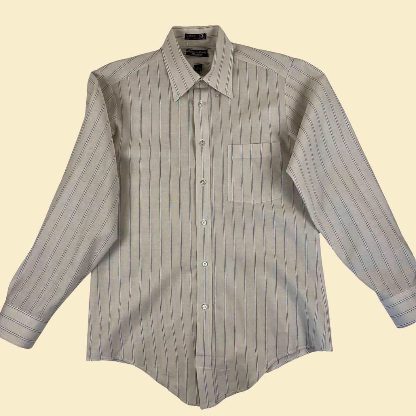 1970s men's shirt by Benton Row, vintage 15 32/33 striped beige/white long sleeve button down top