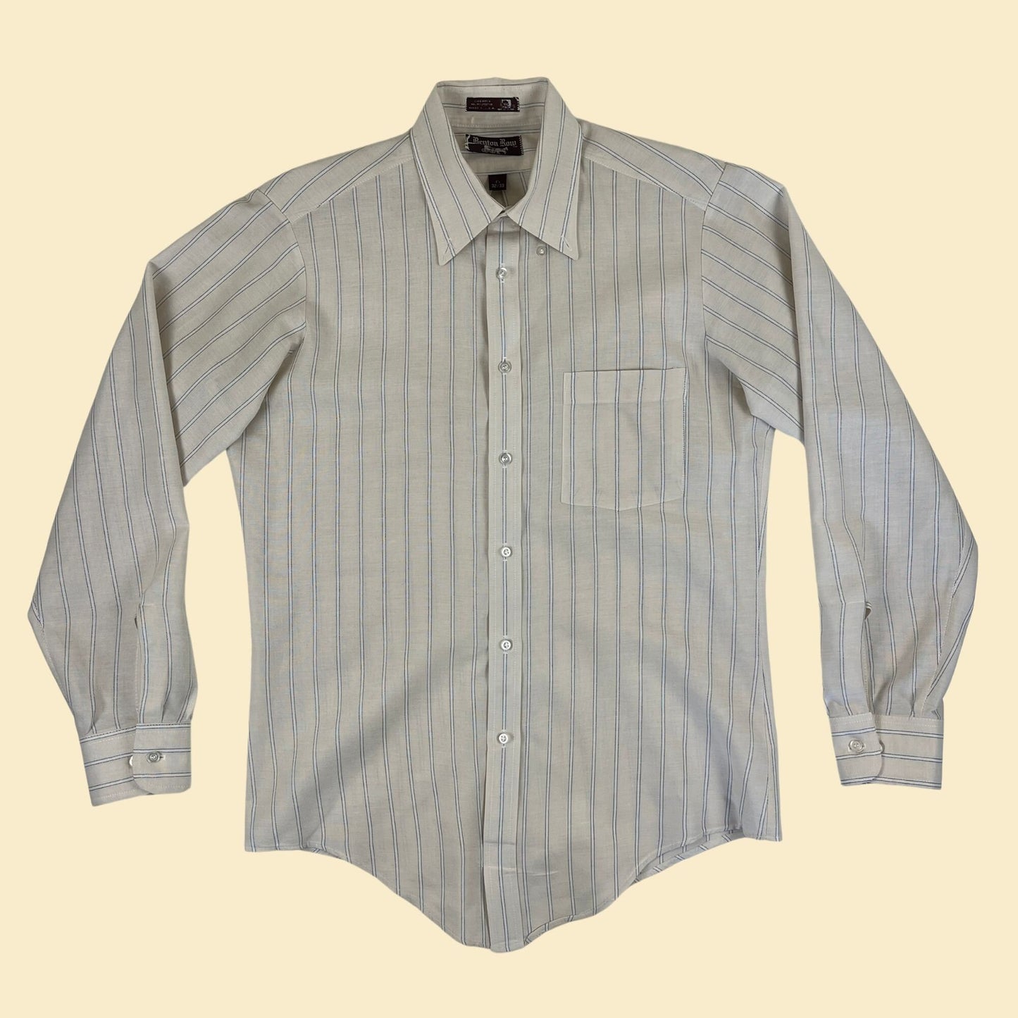 1970s men's shirt by Benton Row, vintage 15 32/33 striped beige/white long sleeve button down top