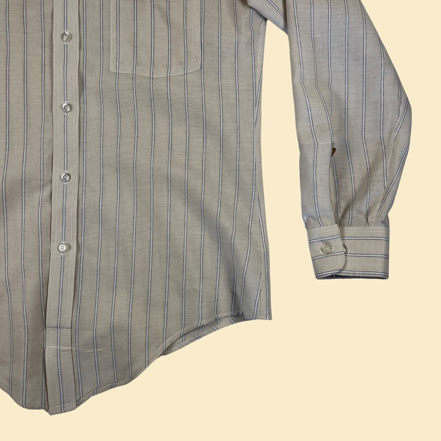 1970s men's shirt by Benton Row, vintage 15 32/33 striped beige/white long sleeve button down top