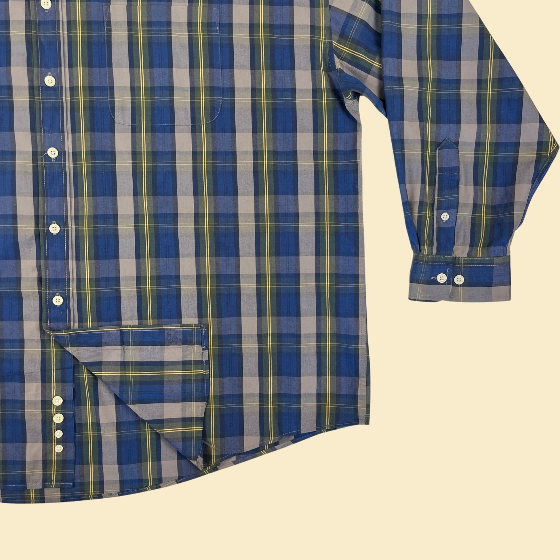 1990s XXL men's shirt by Sun River Clothing, vintage blue & green plaid long sleeve button down