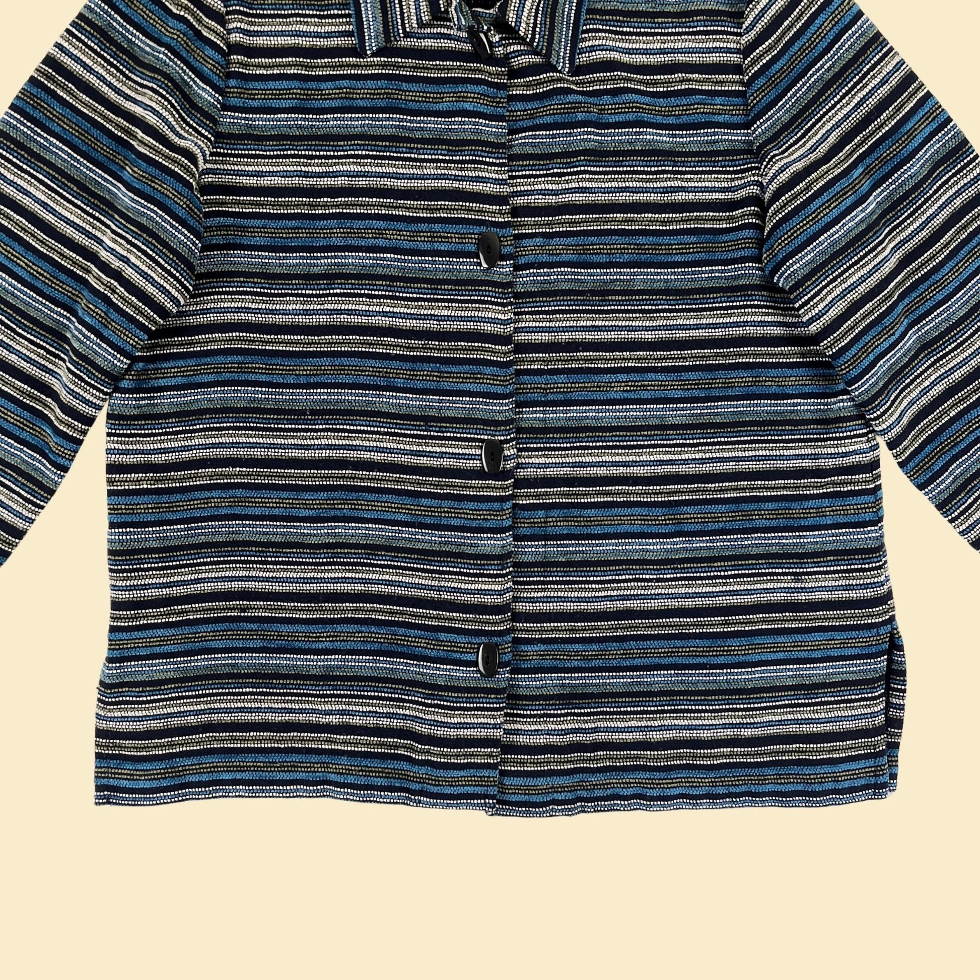 90s/Y2K women's jacket by Sag Harbor, size 14 blue/black striped button down sweater